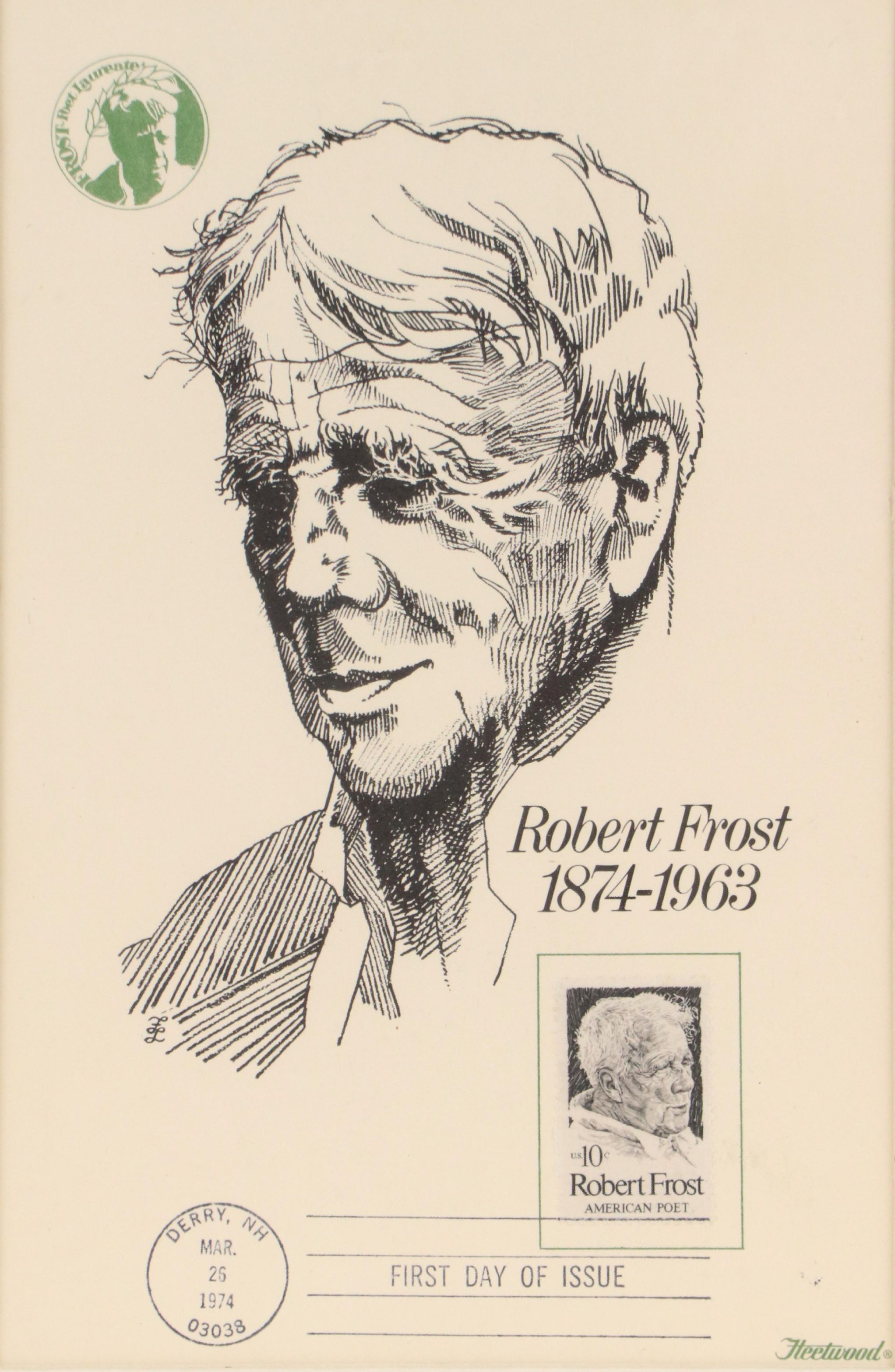Lithograph Portrait of Robert Frost After Fred Labitzke with Stamp, 1974