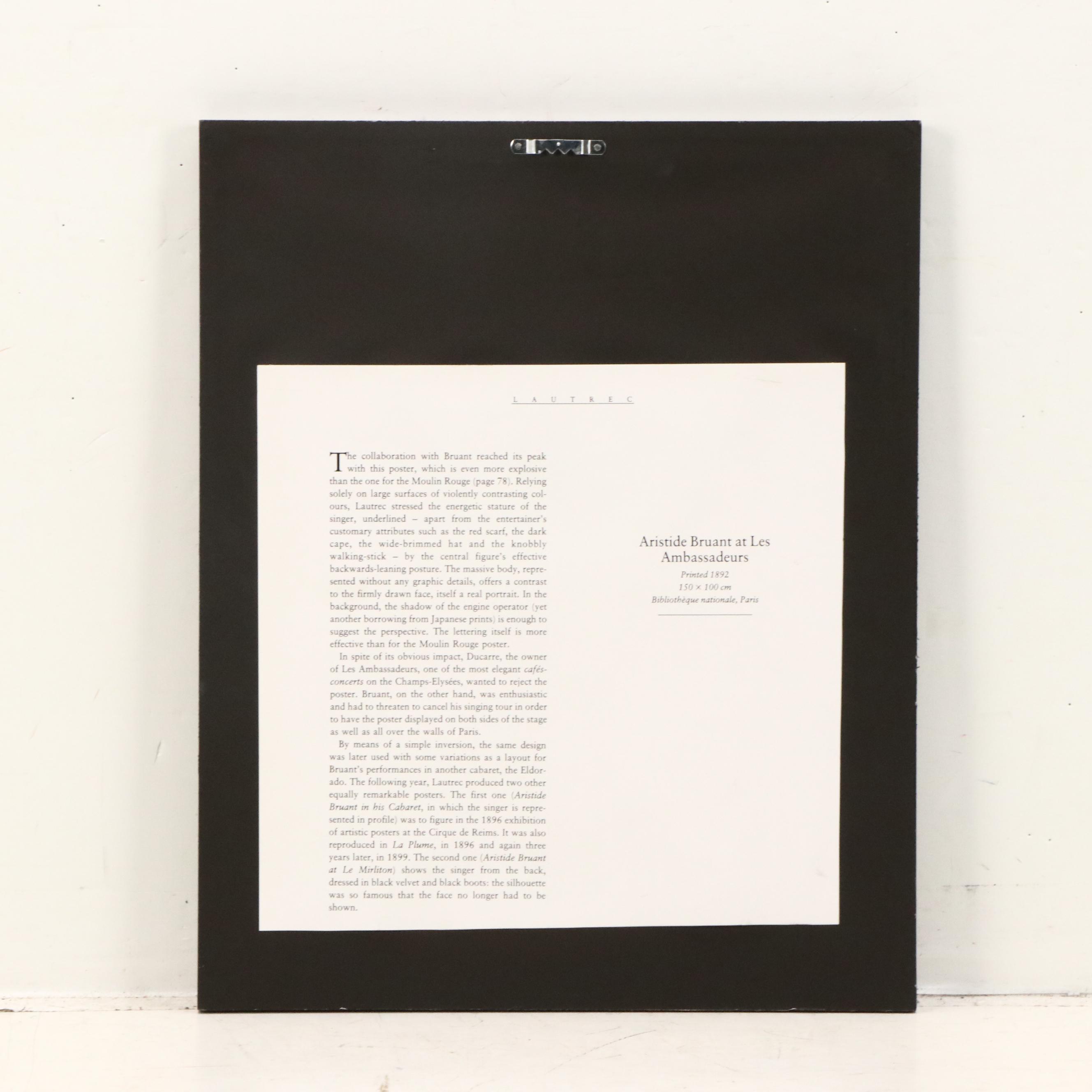 After Lautrec Offset Lithograph "Aristide Bruant at Les Ambassadeurs"