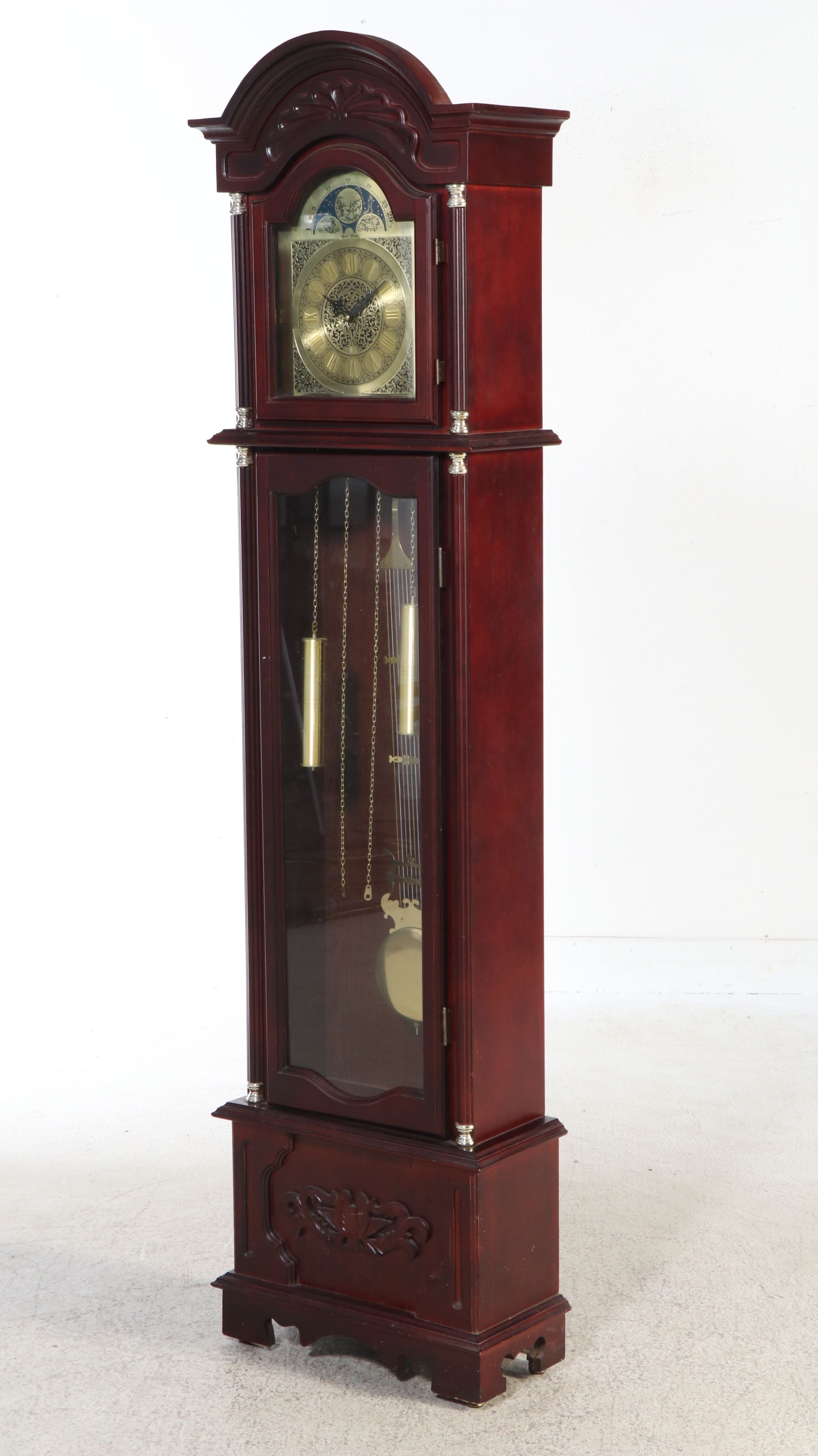 Victorian Style Mahogany Finish Grandfather Clock with Moon Phase Face