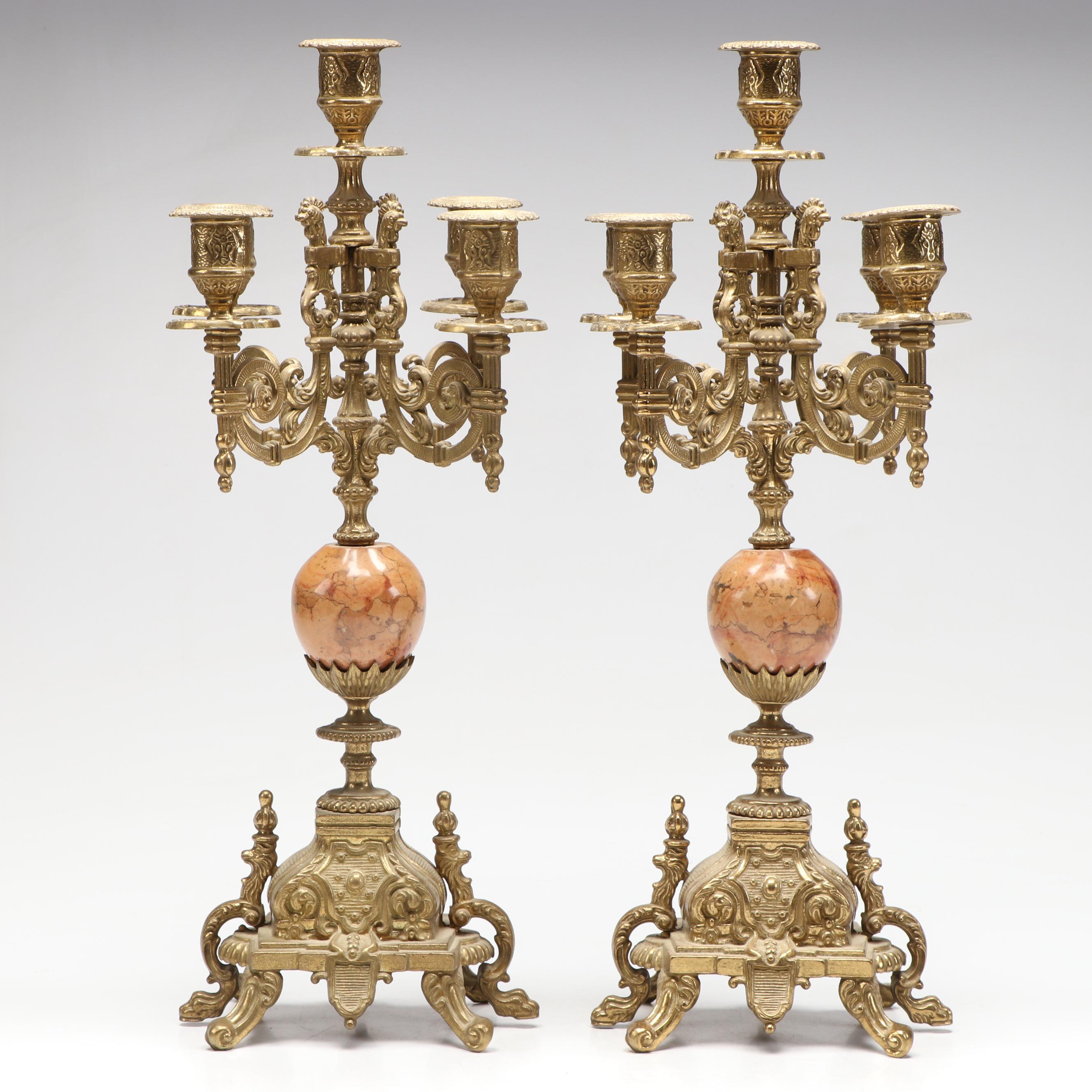 Louis XIV Style Brass and Marble Candelabrum
