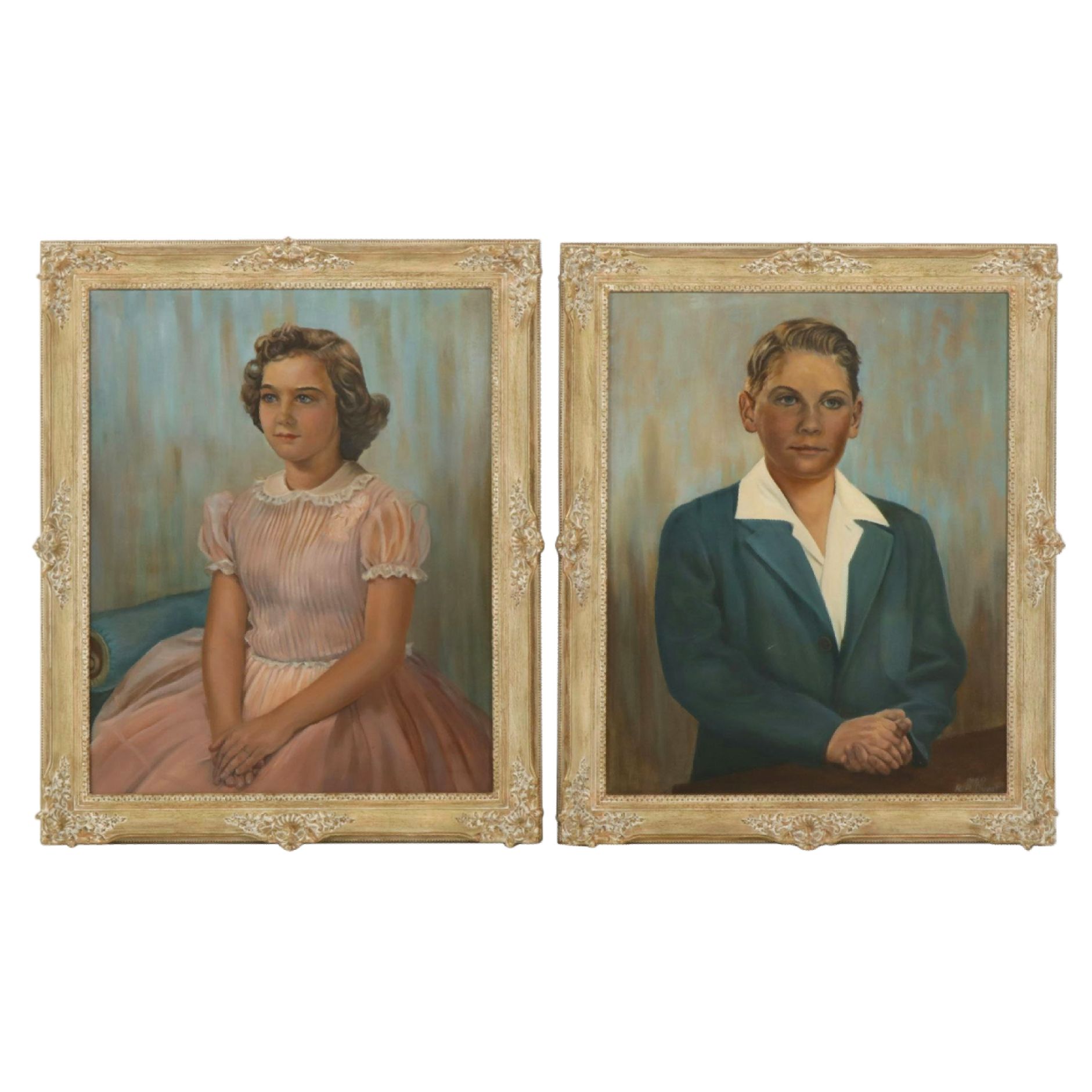 R. P. Duvat Pair of Portrait Oil Paintings of Young Man and Woman, 1960
