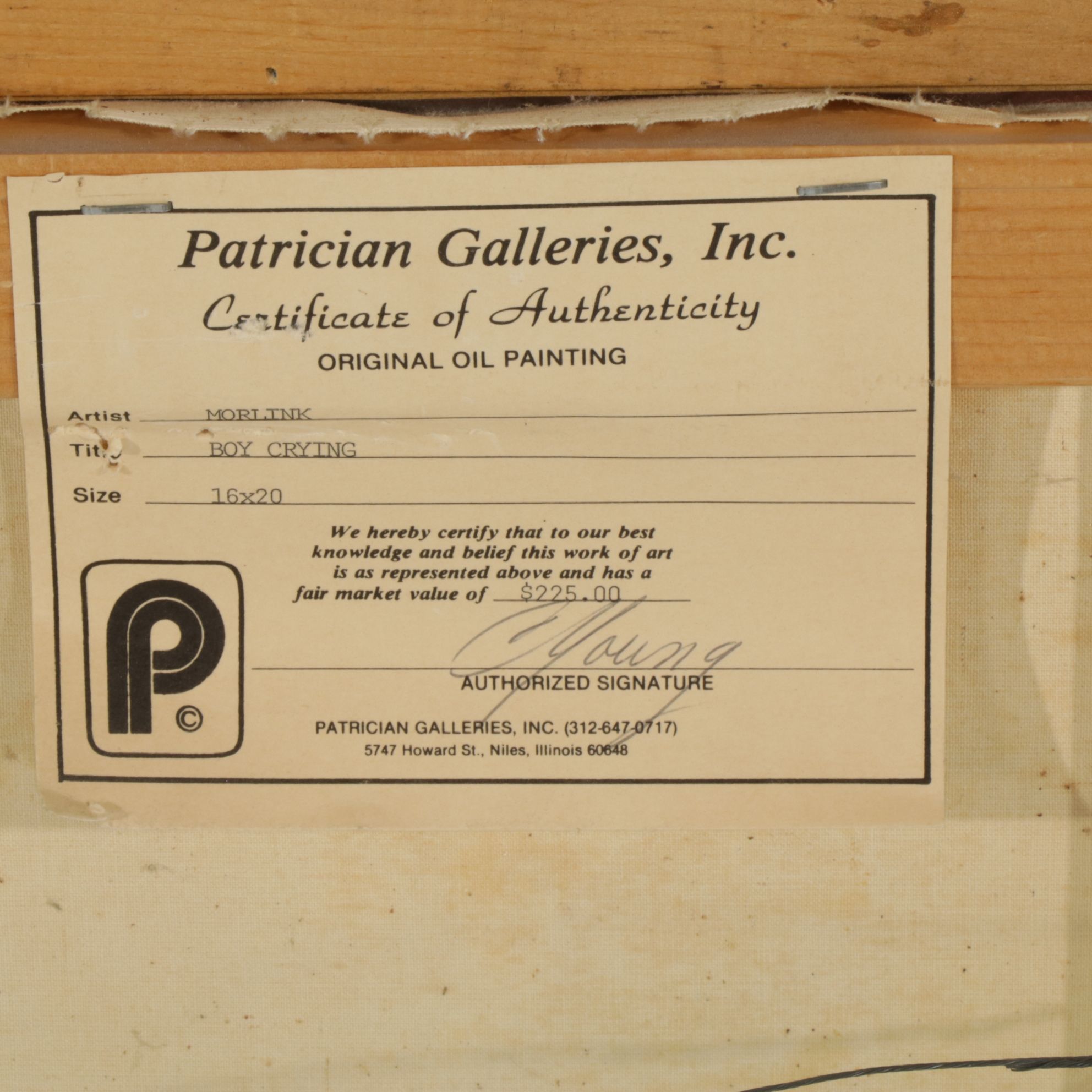 Morlink Portrait Oil Painting "Boy Crying", Mid to Late 20th Century