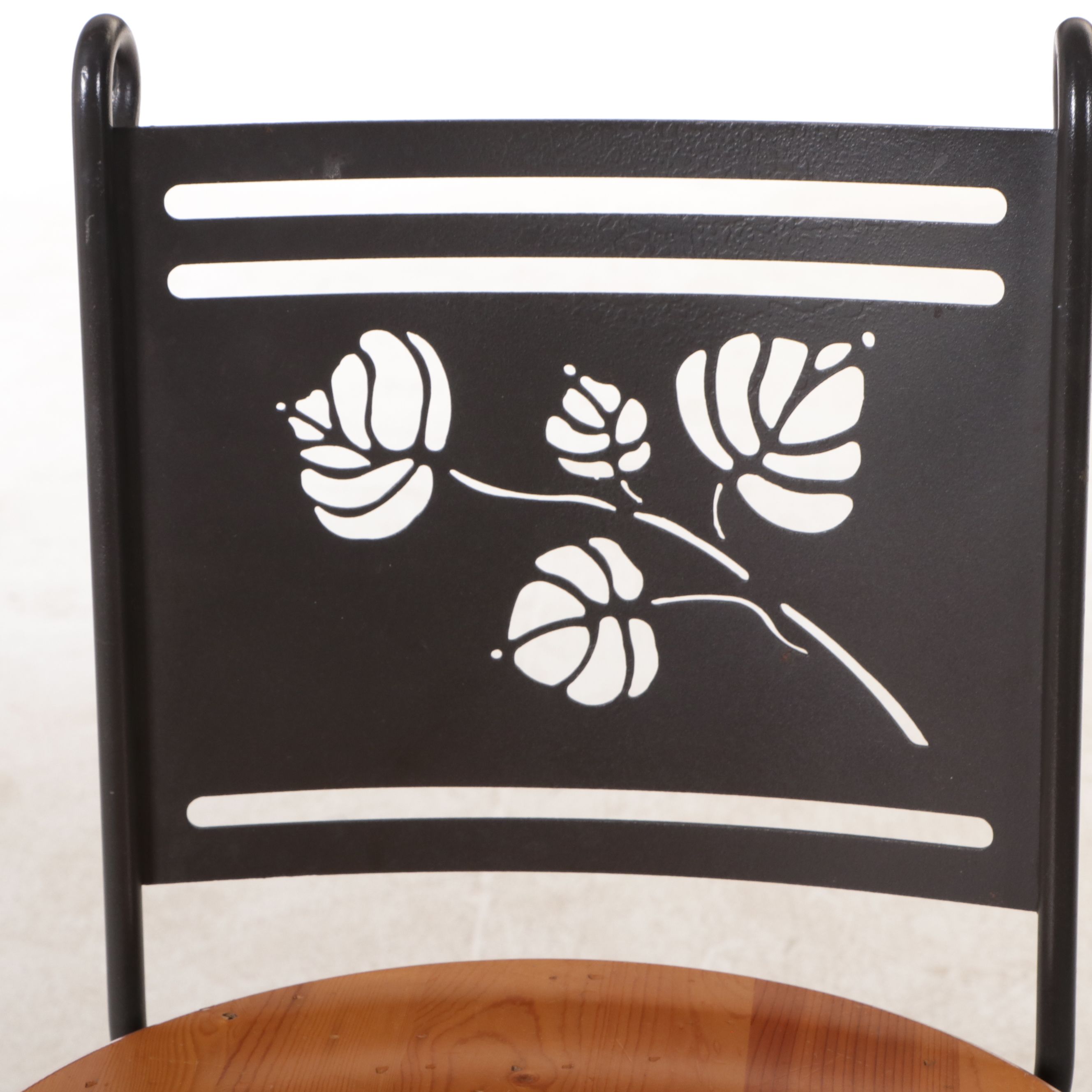 Pair of Wrought Iron Swivel Barstools with Pine Seats