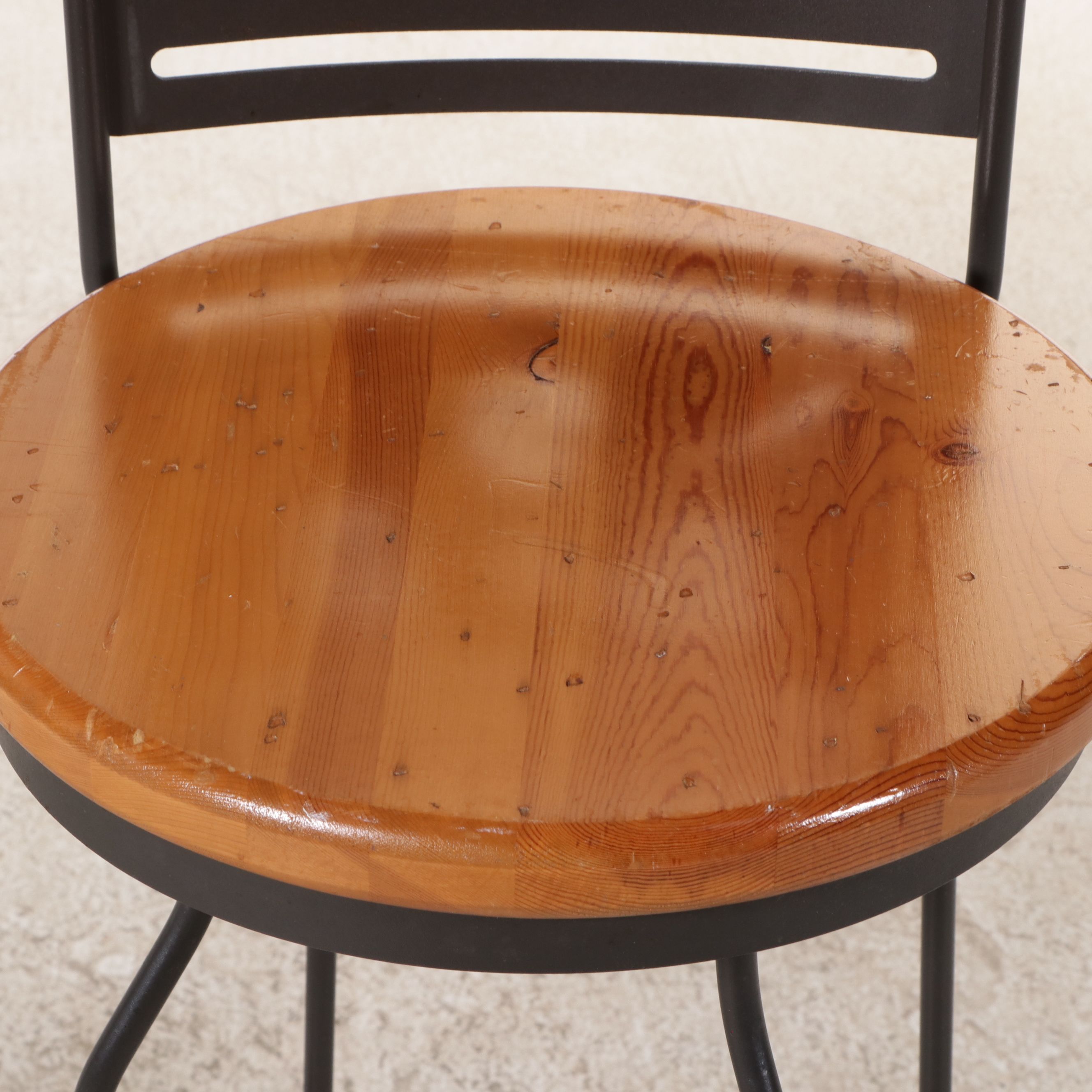 Pair of Wrought Iron Swivel Barstools with Pine Seats