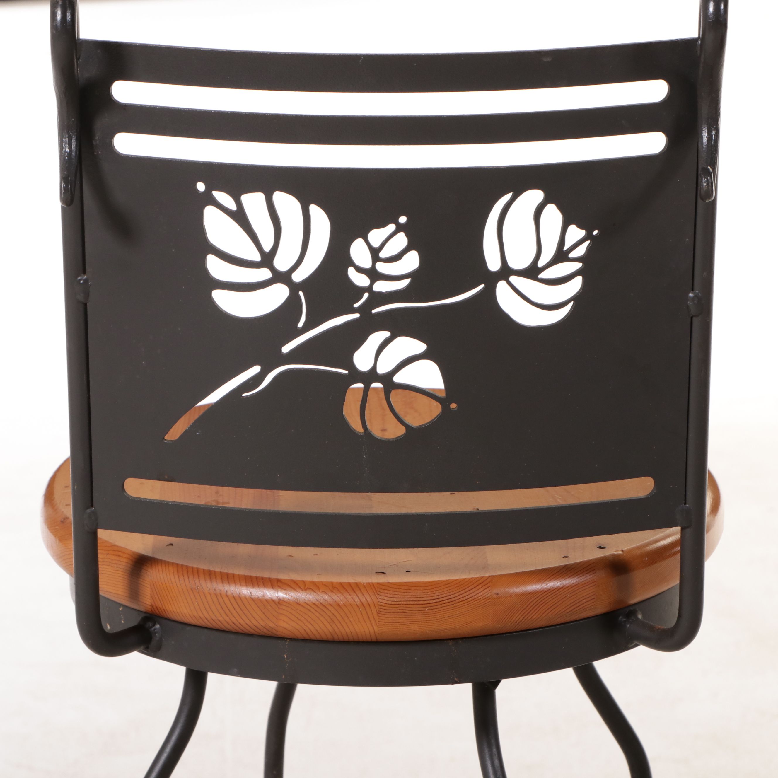 Pair of Wrought Iron Swivel Barstools with Pine Seats