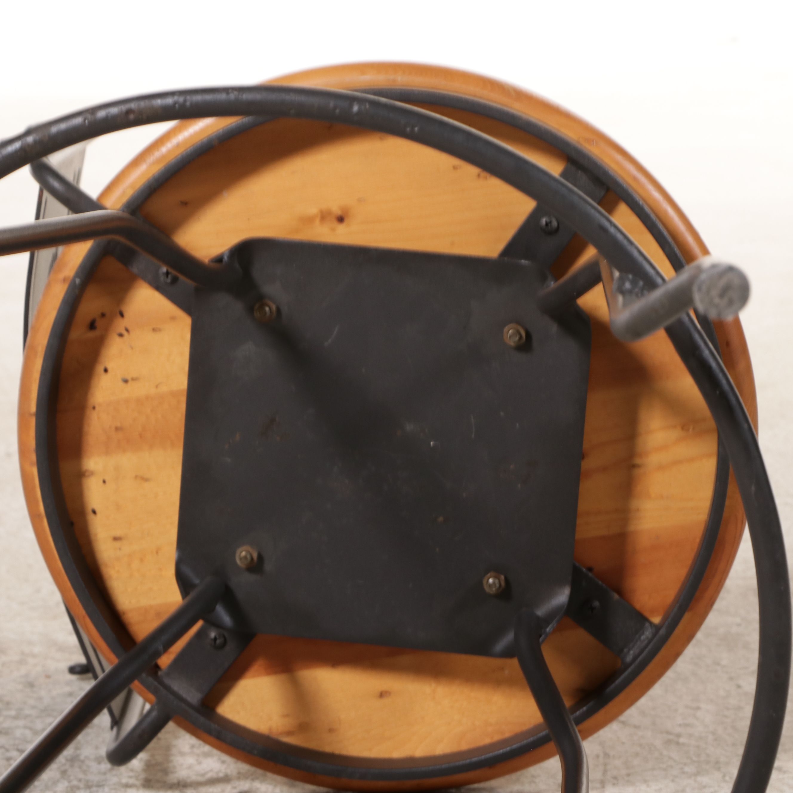 Pair of Wrought Iron Swivel Barstools with Pine Seats