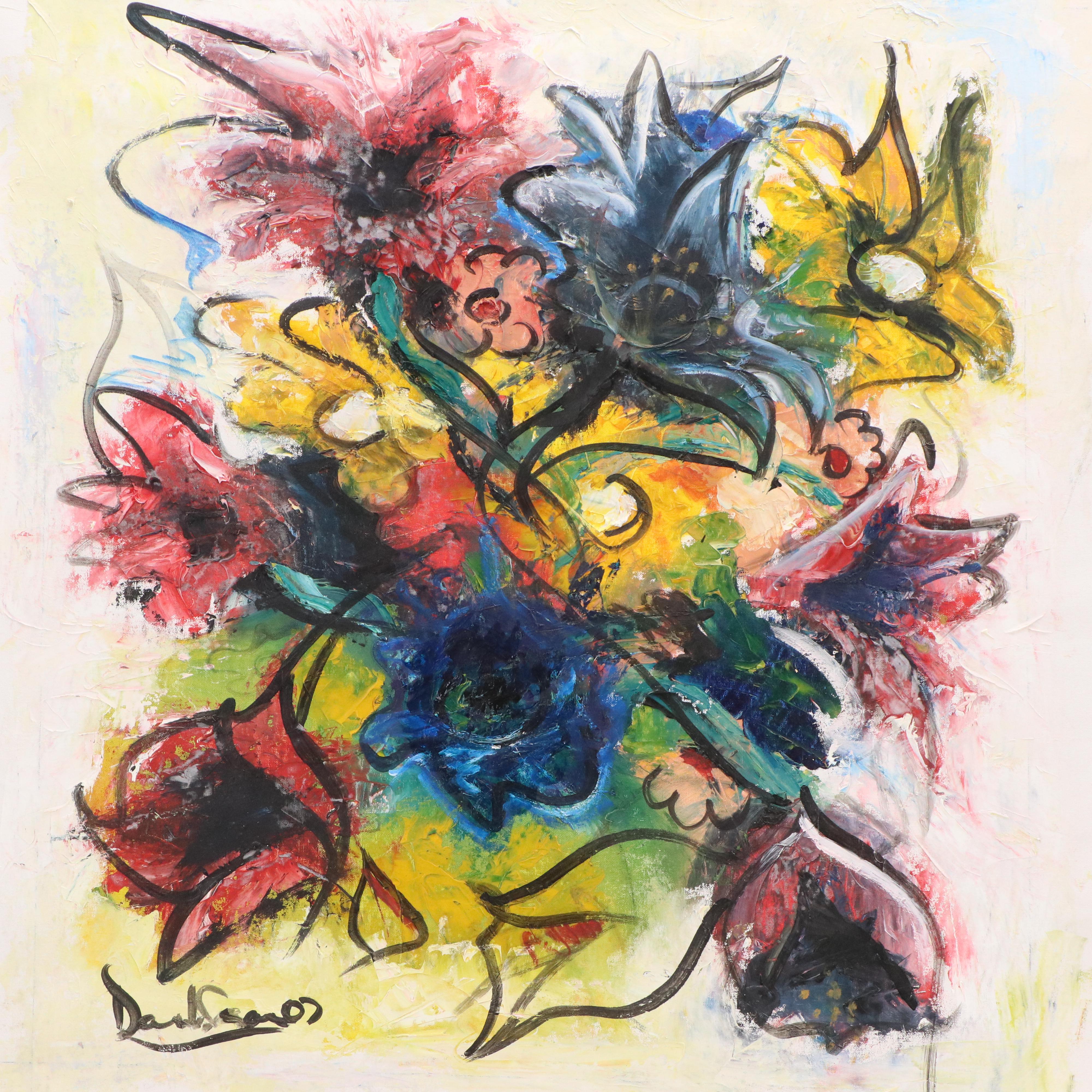 Expressionistic Oil Painting of Abstracted Flowers, Late 20th - 21st Century