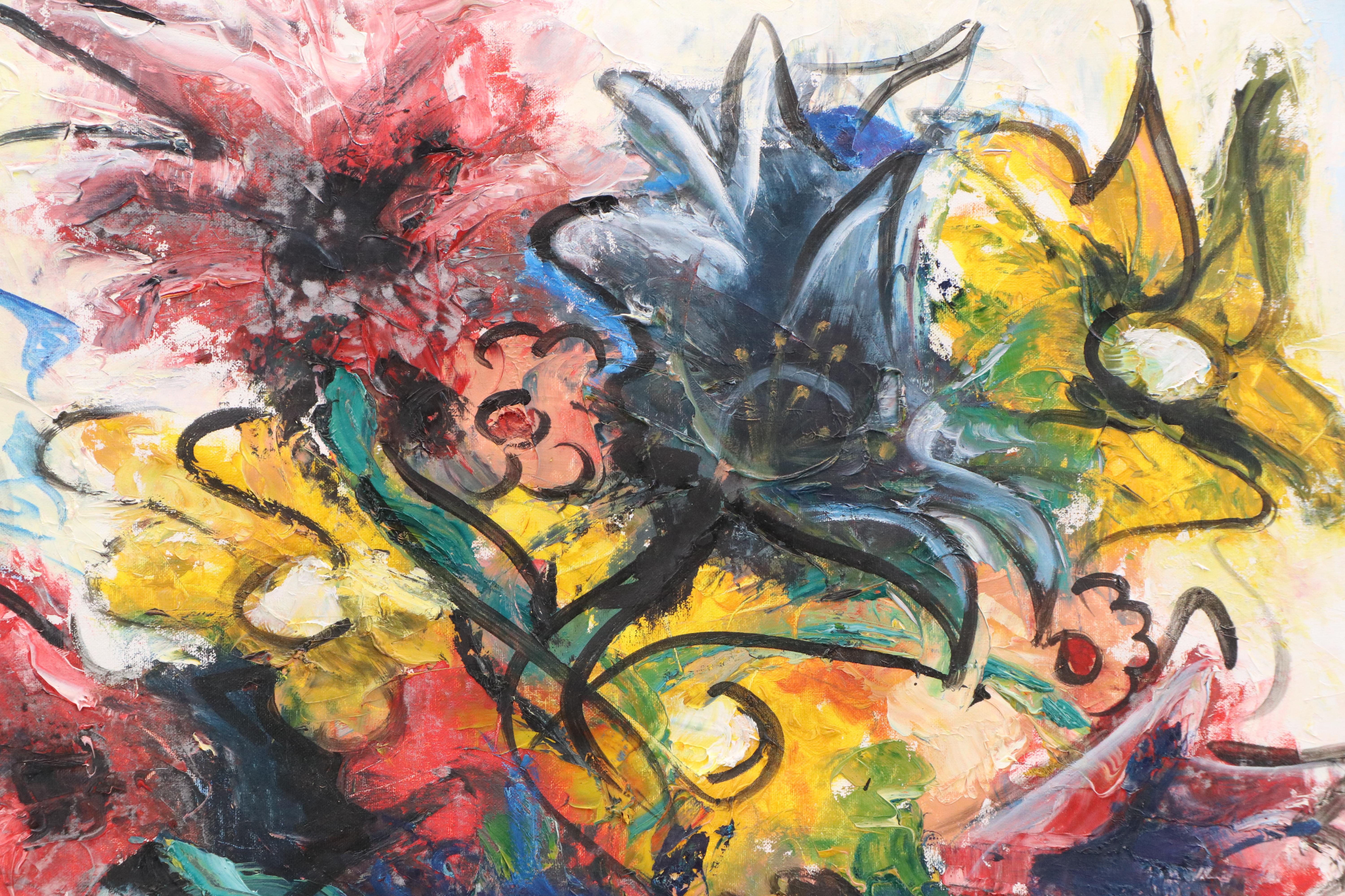 Expressionistic Oil Painting of Abstracted Flowers, Late 20th - 21st Century