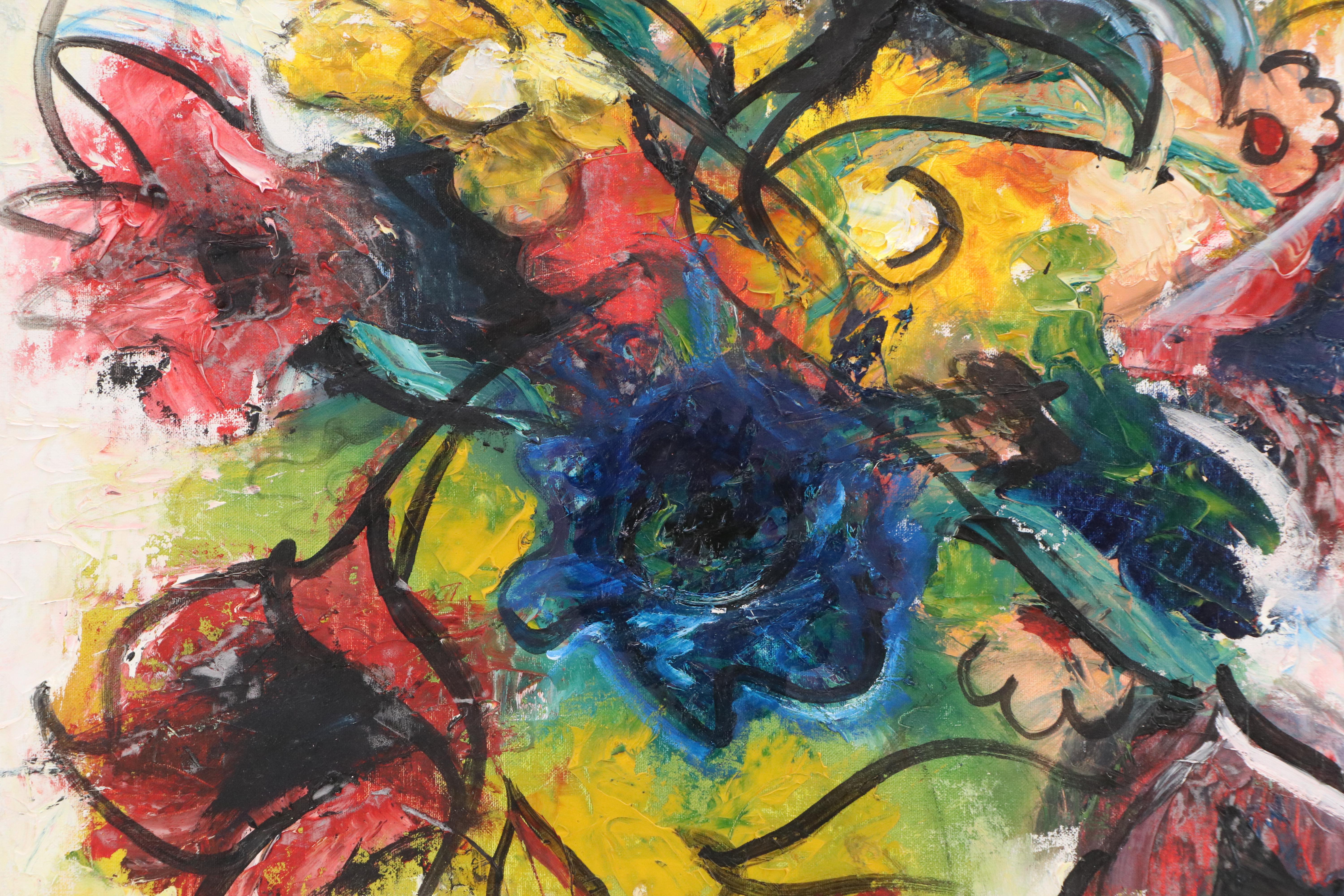 Expressionistic Oil Painting of Abstracted Flowers, Late 20th - 21st Century
