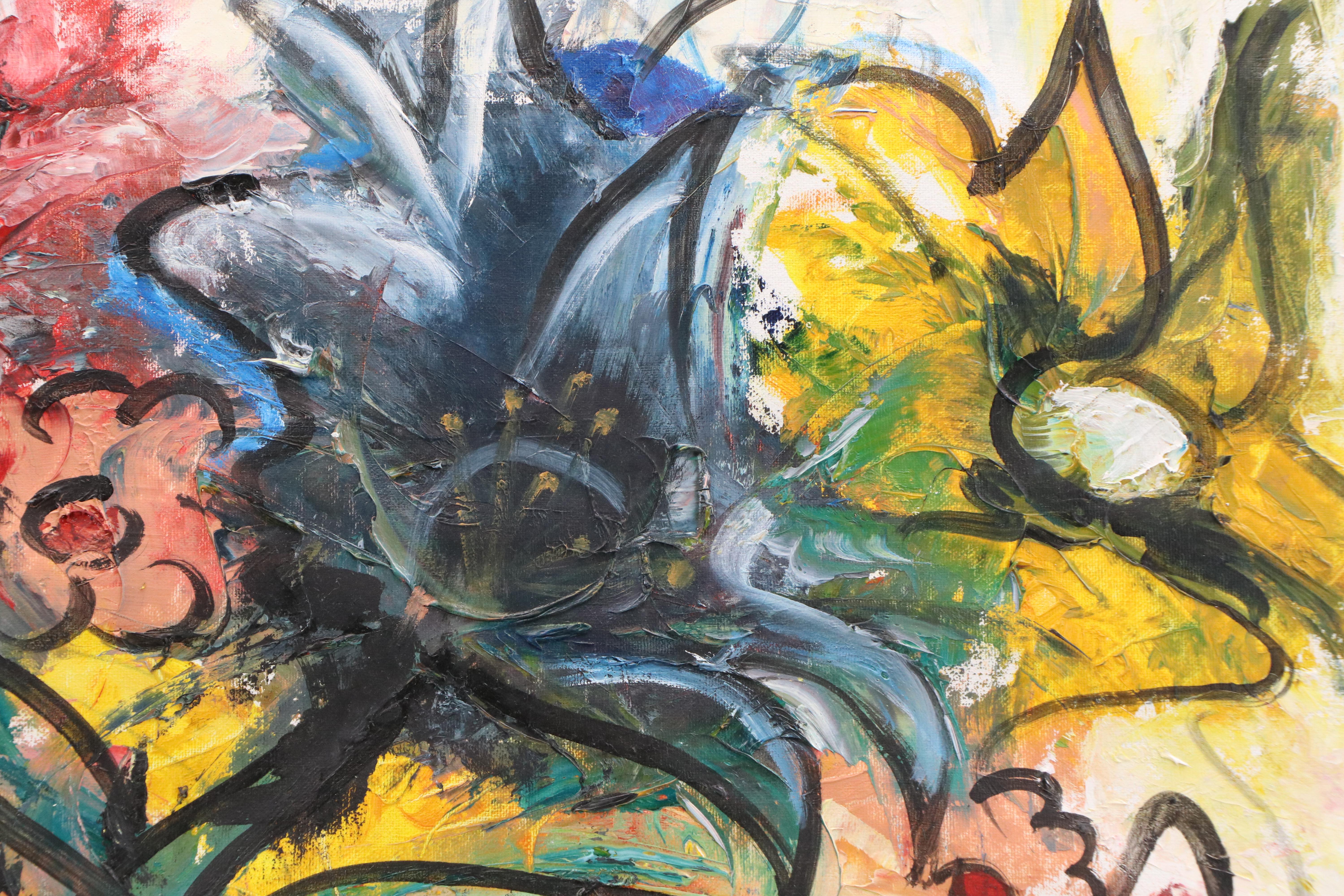 Expressionistic Oil Painting of Abstracted Flowers, Late 20th - 21st Century