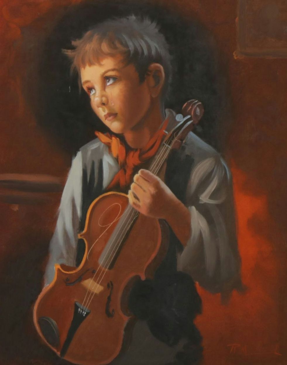 Morlink Portrait Oil Painting "Boy Crying", Mid to Late 20th Century