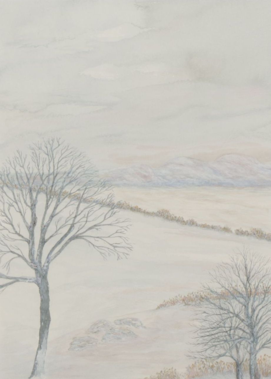 Judith White Pastel Toned Watercolor Landscape Painting of Winter Plains