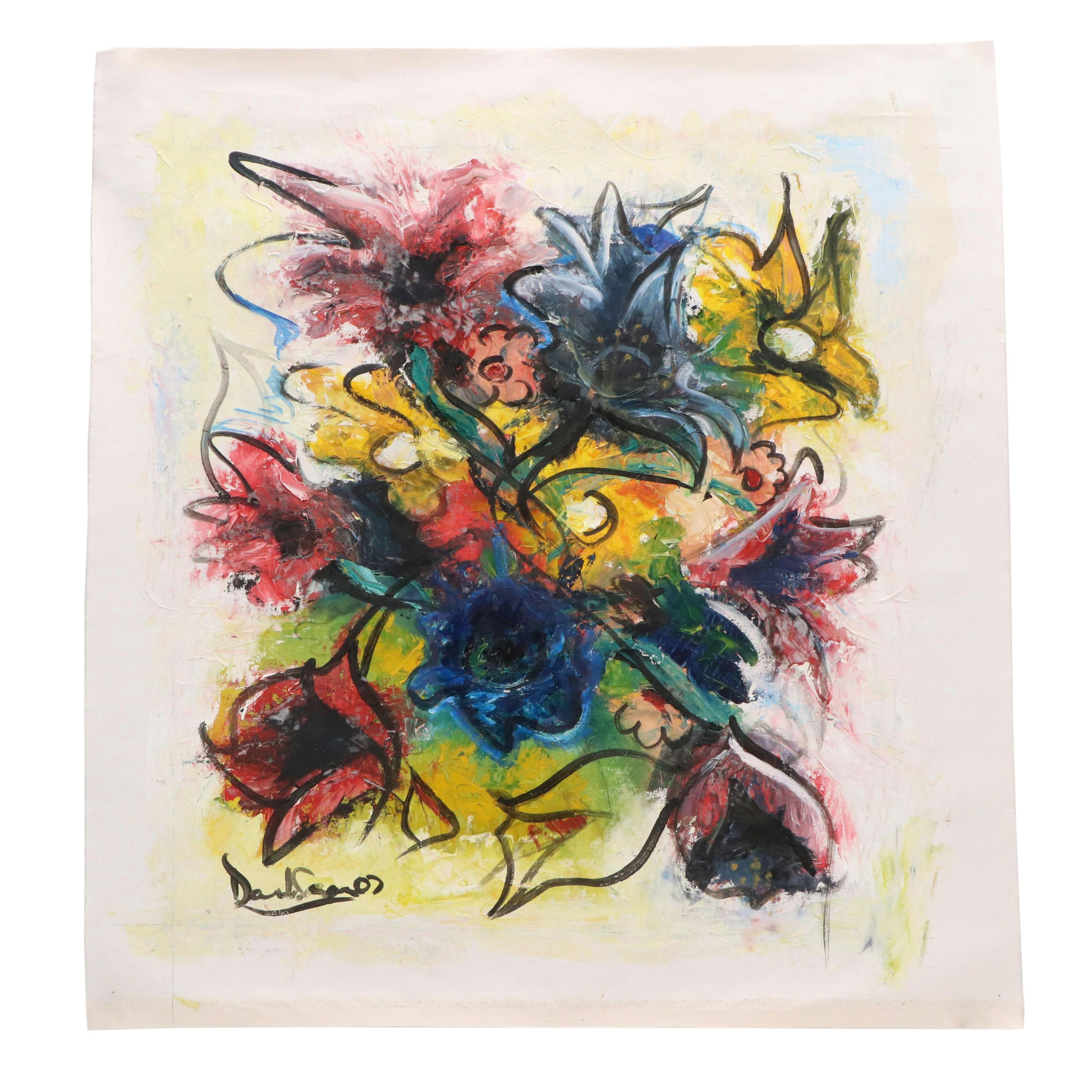 Expressionistic Oil Painting of Abstracted Flowers, Late 20th - 21st Century