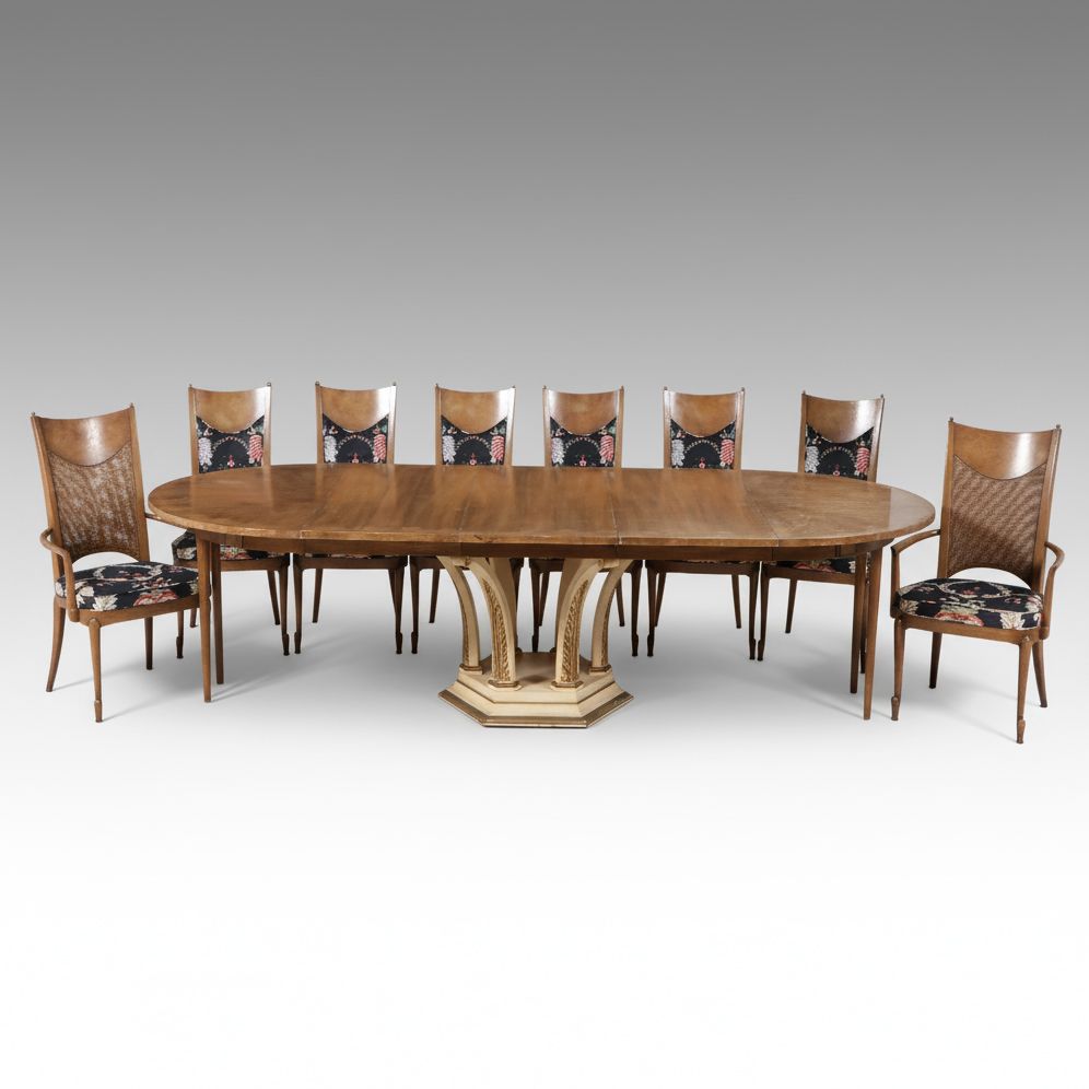 Mastercraft Mediterranean Style Walnut Burl & Parcel Gilt Nine-Piece Dining Set