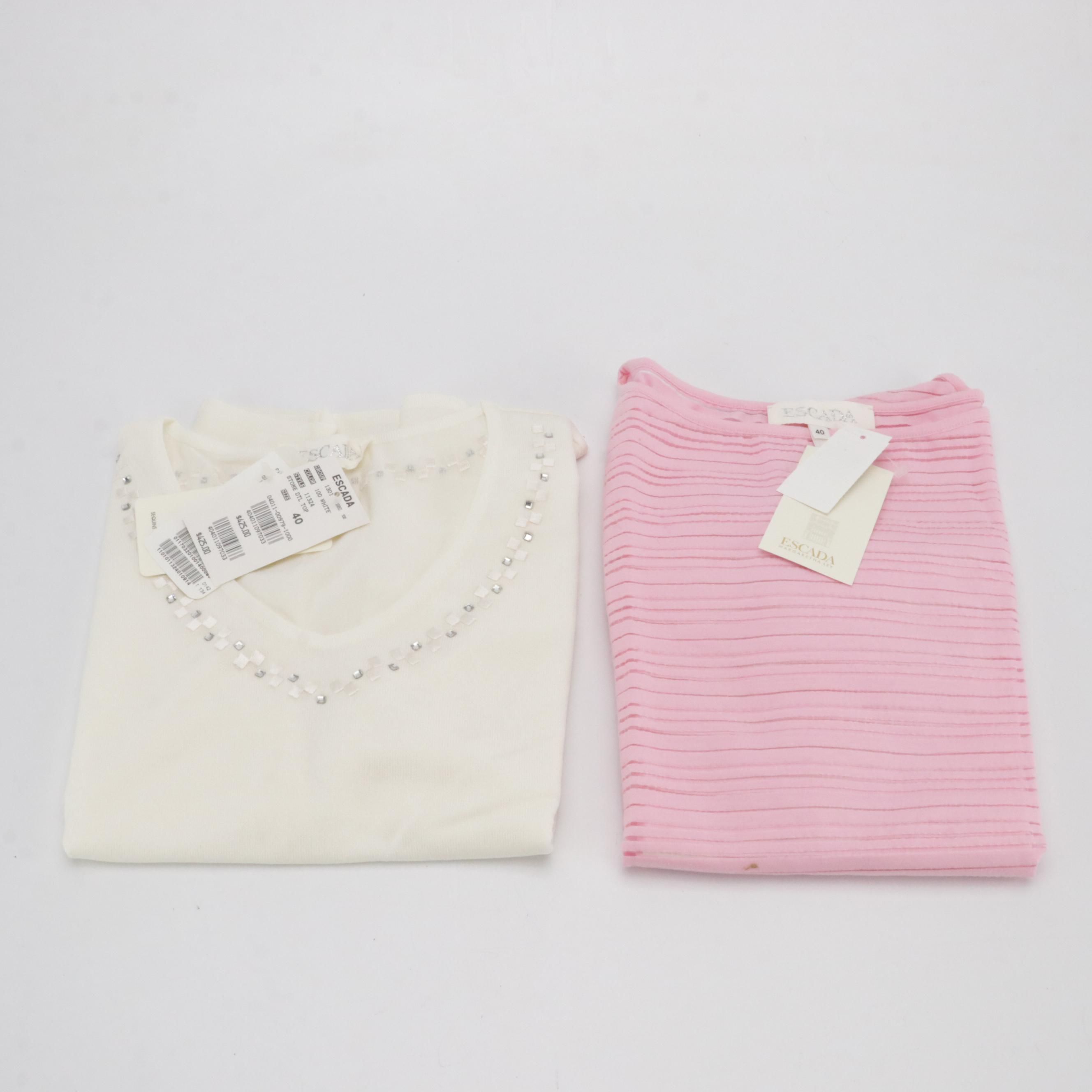 Escada Bubblegum Pink Sheer Striped Bodysuit & Embellished Knit Tank, With Tags