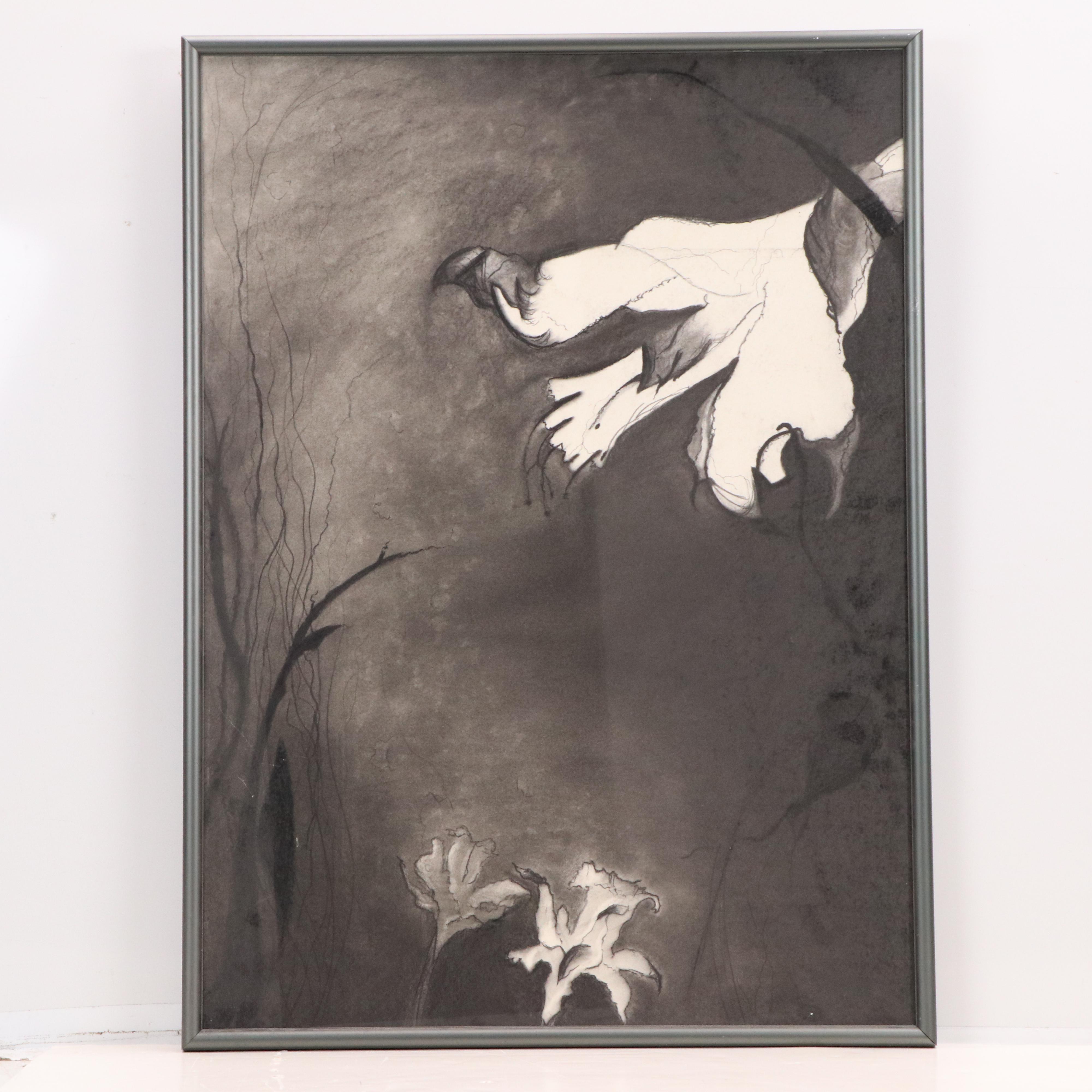 Floral Charcoal Drawings, Late 20th or 21st Century