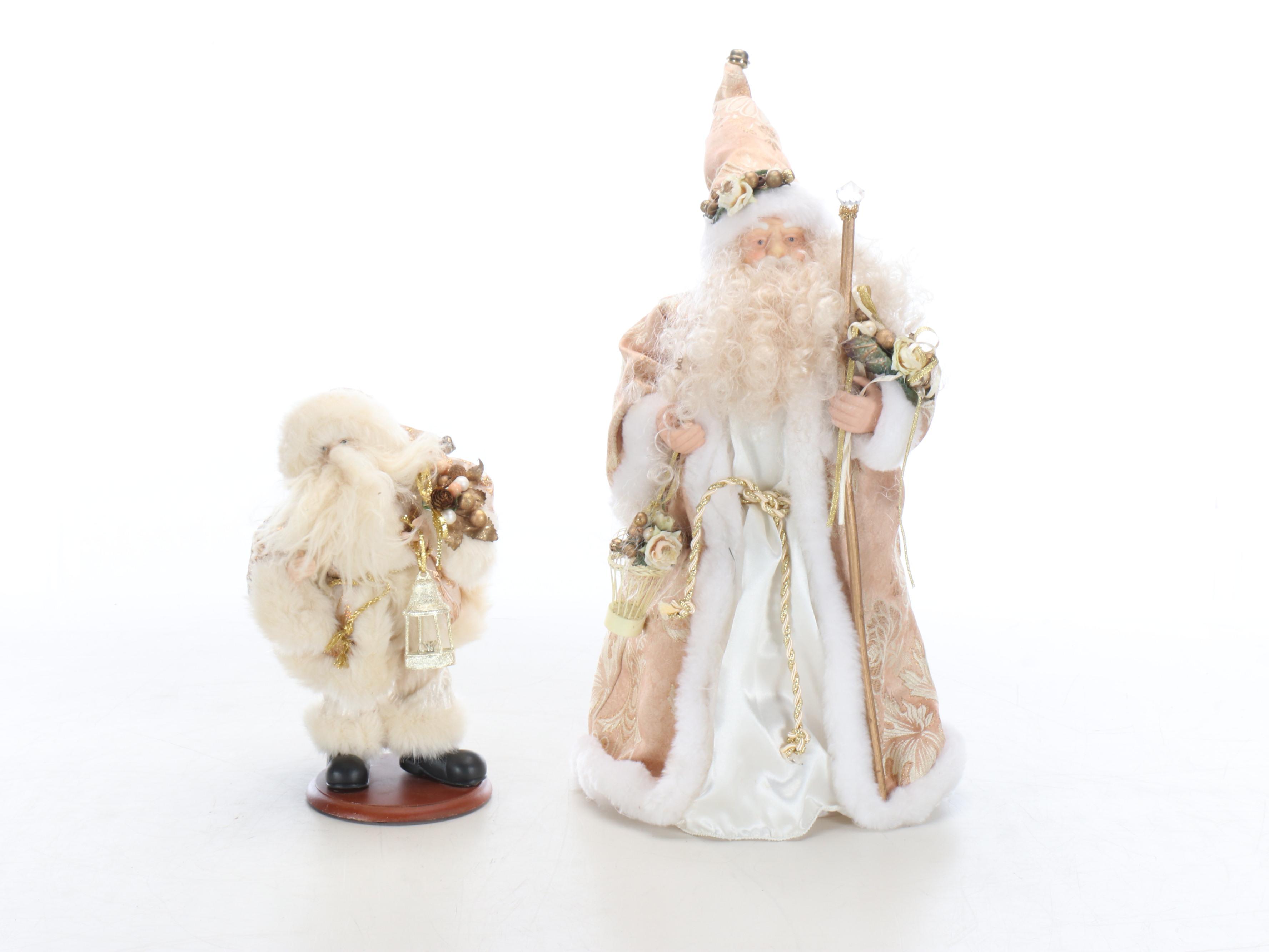 White and Gold Santa Figures and Tree Topper with Rustic Wreath