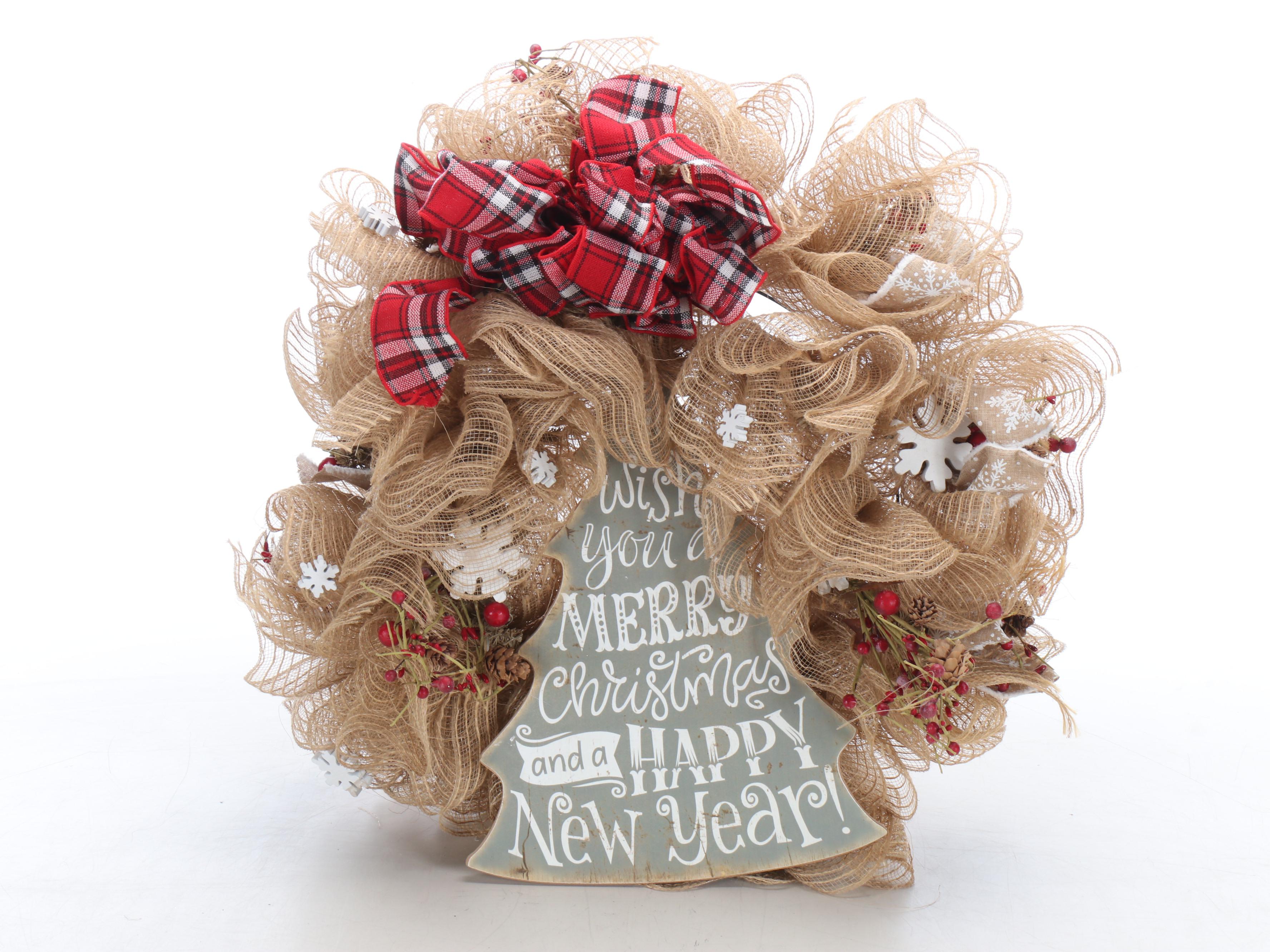 White and Gold Santa Figures and Tree Topper with Rustic Wreath