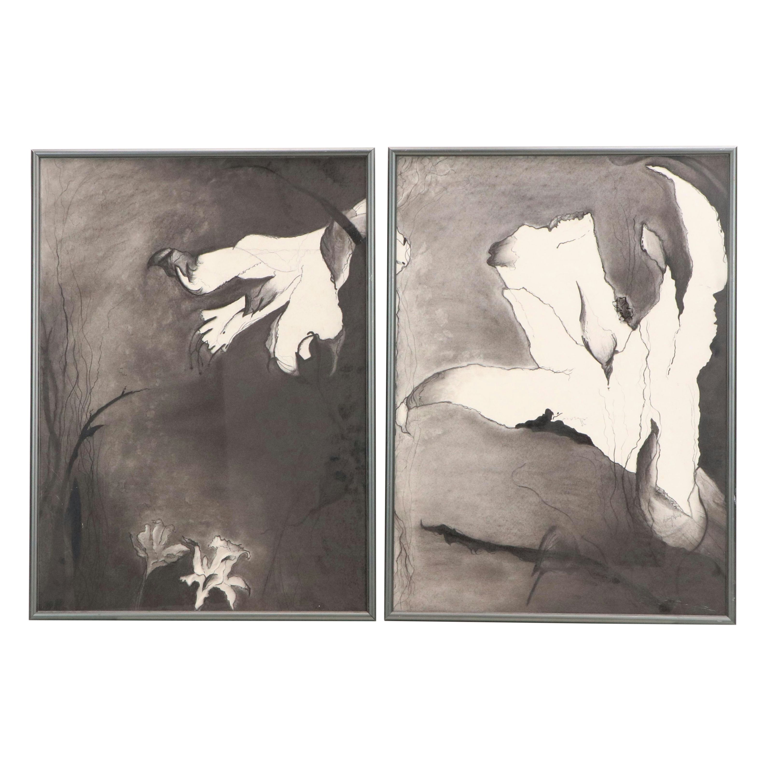 Floral Charcoal Drawings, Late 20th or 21st Century