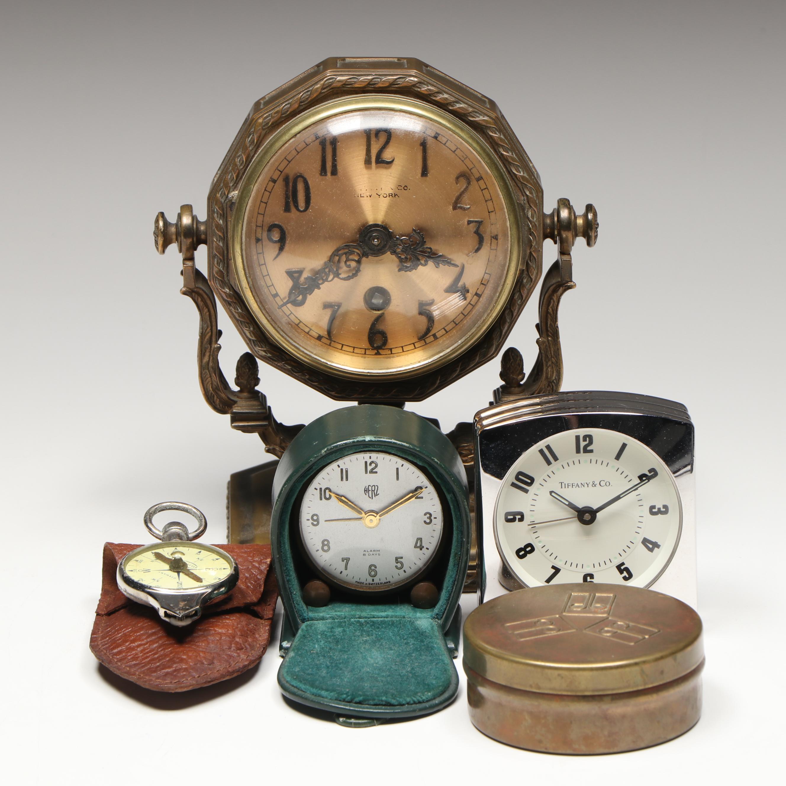 Tiffany & Co. Brass and Stainless Steel Clocks with Other Metal Décor