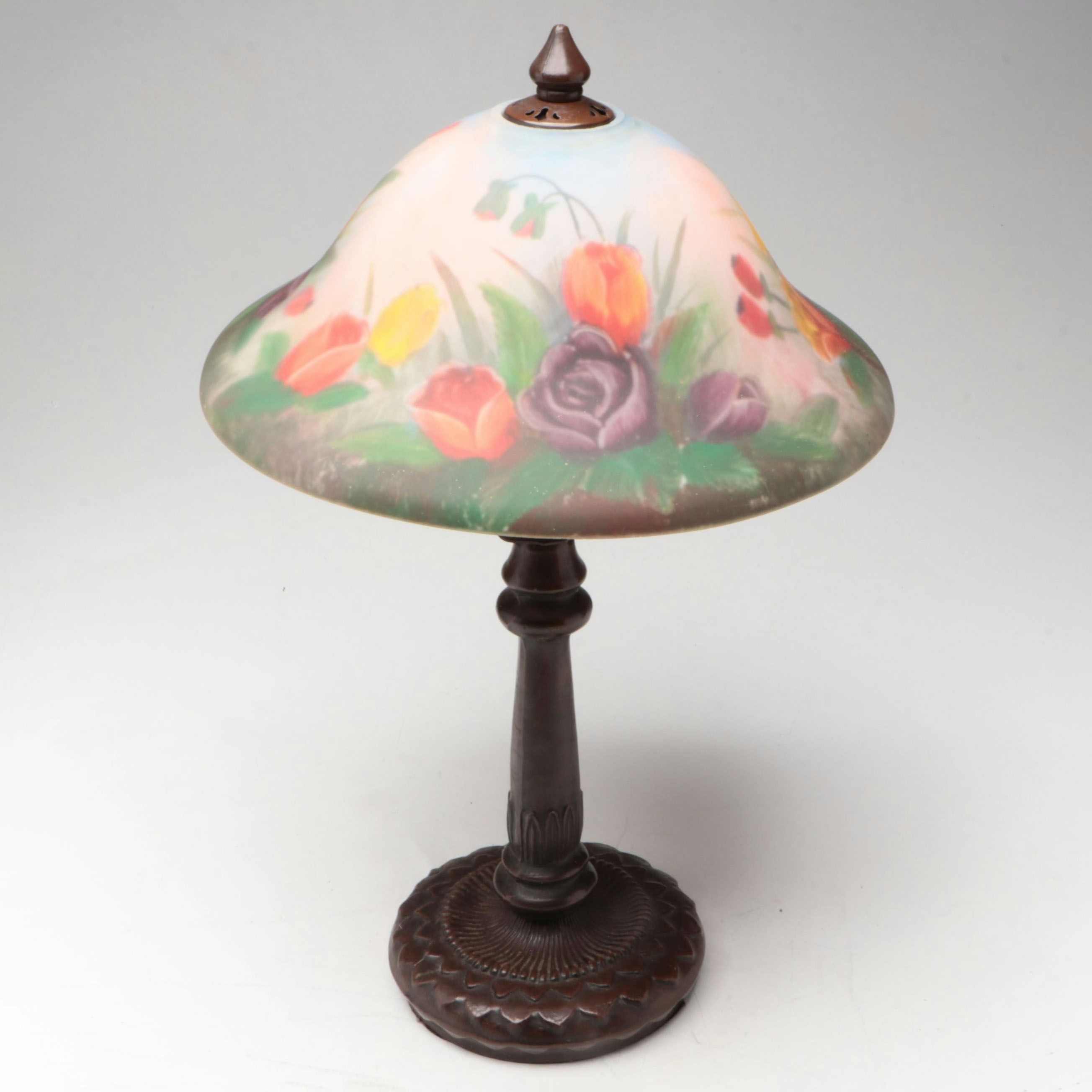 Art Nouveau Style Metal Table Lamp with Reverse Painted Floral Glass Shade