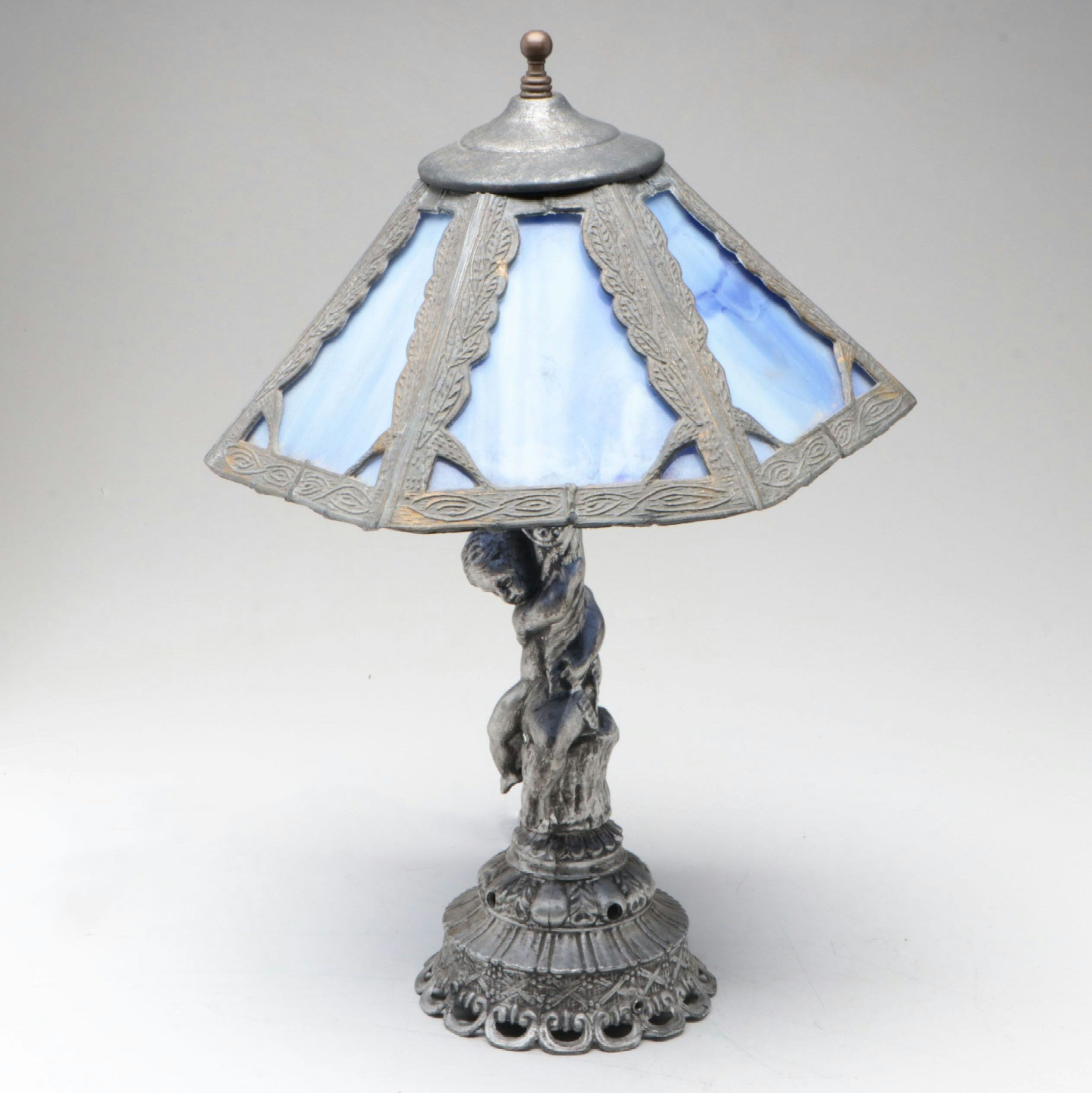 Art Nouveau Style Metal Table Lamp with Blue Slag Glass Shade