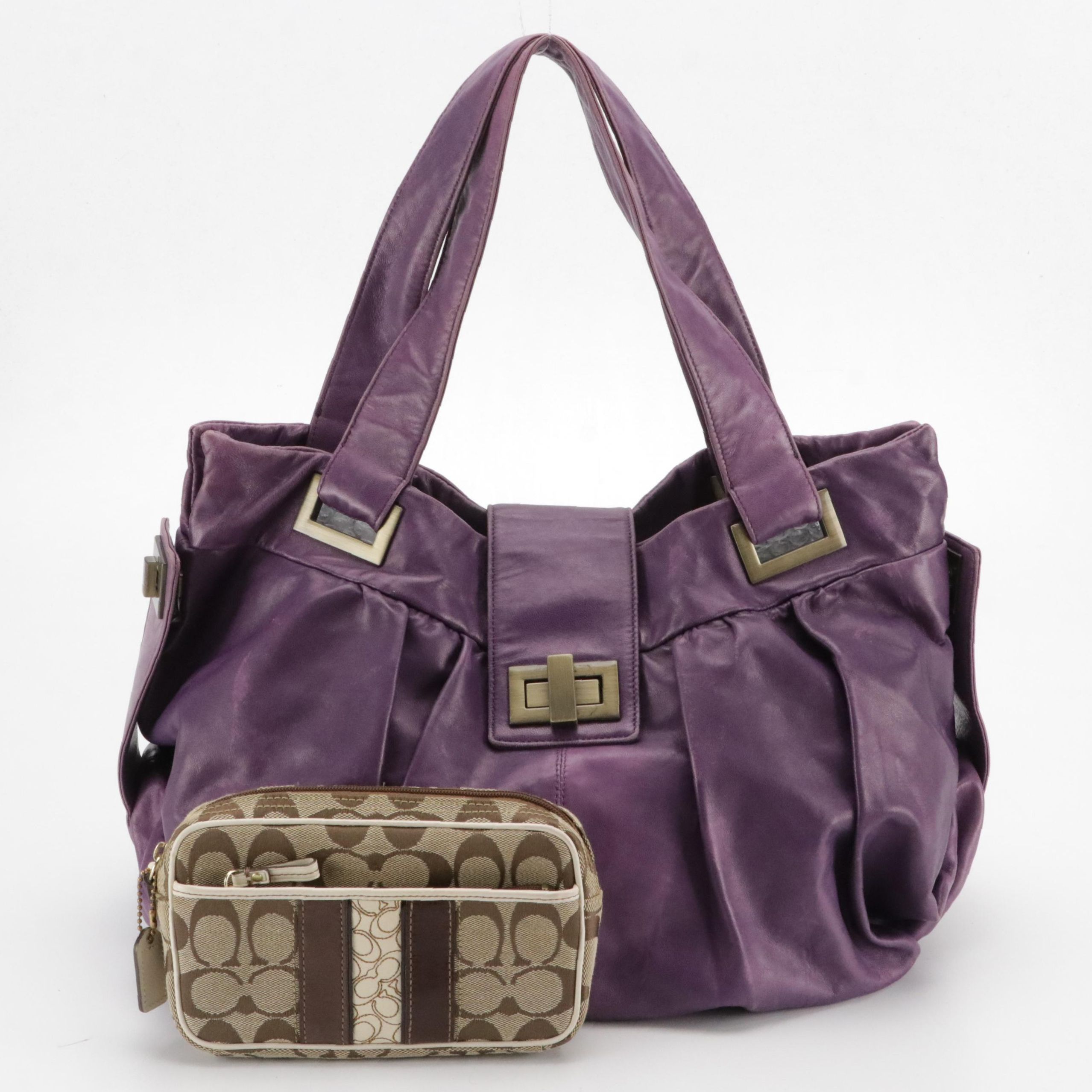 Kooba Violet Lambskin Leather Satchel Bag and Coach Signature Canvas Belt Bag