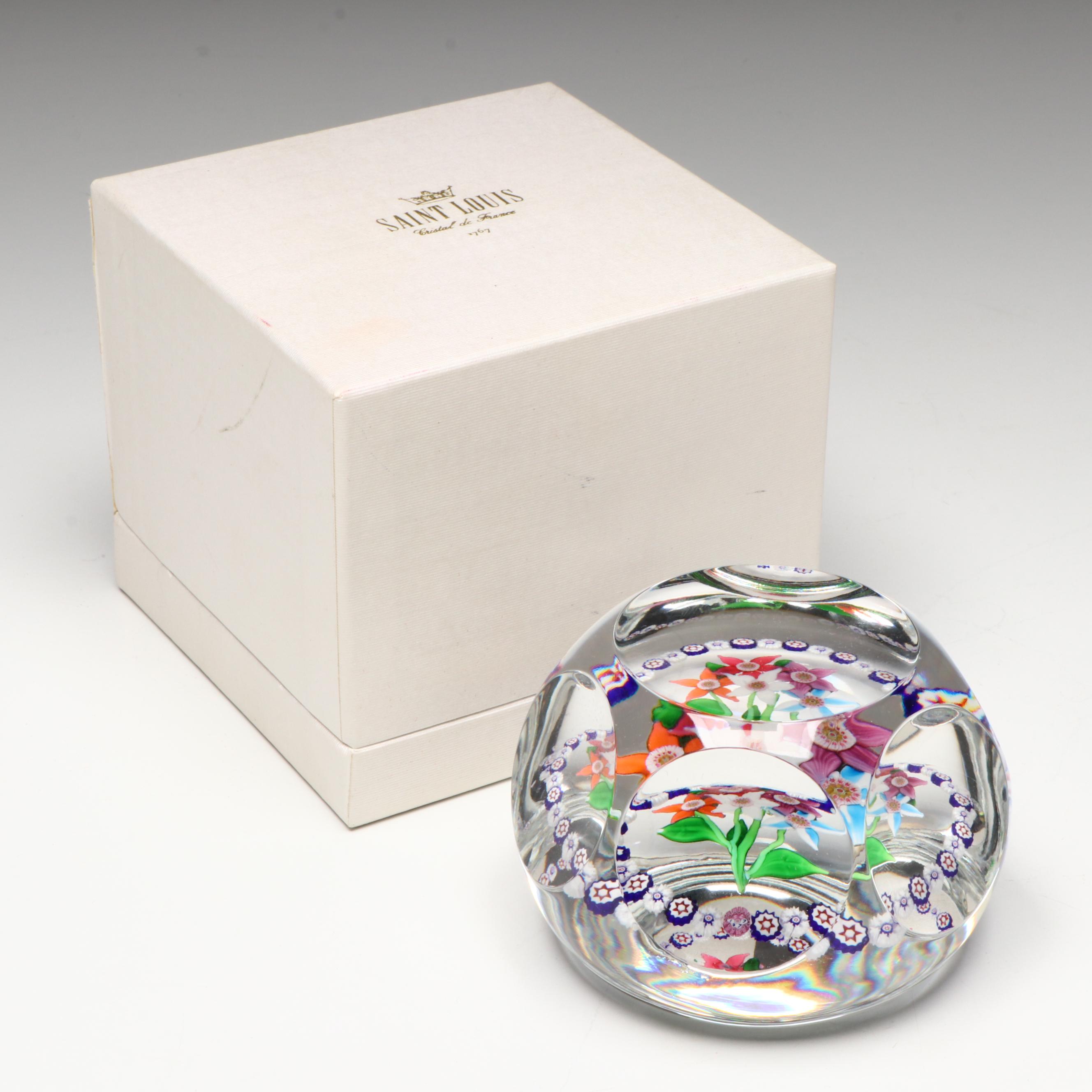 Saint-Louis Five Flower with Millefiori Art Glass Paperweight, 1977