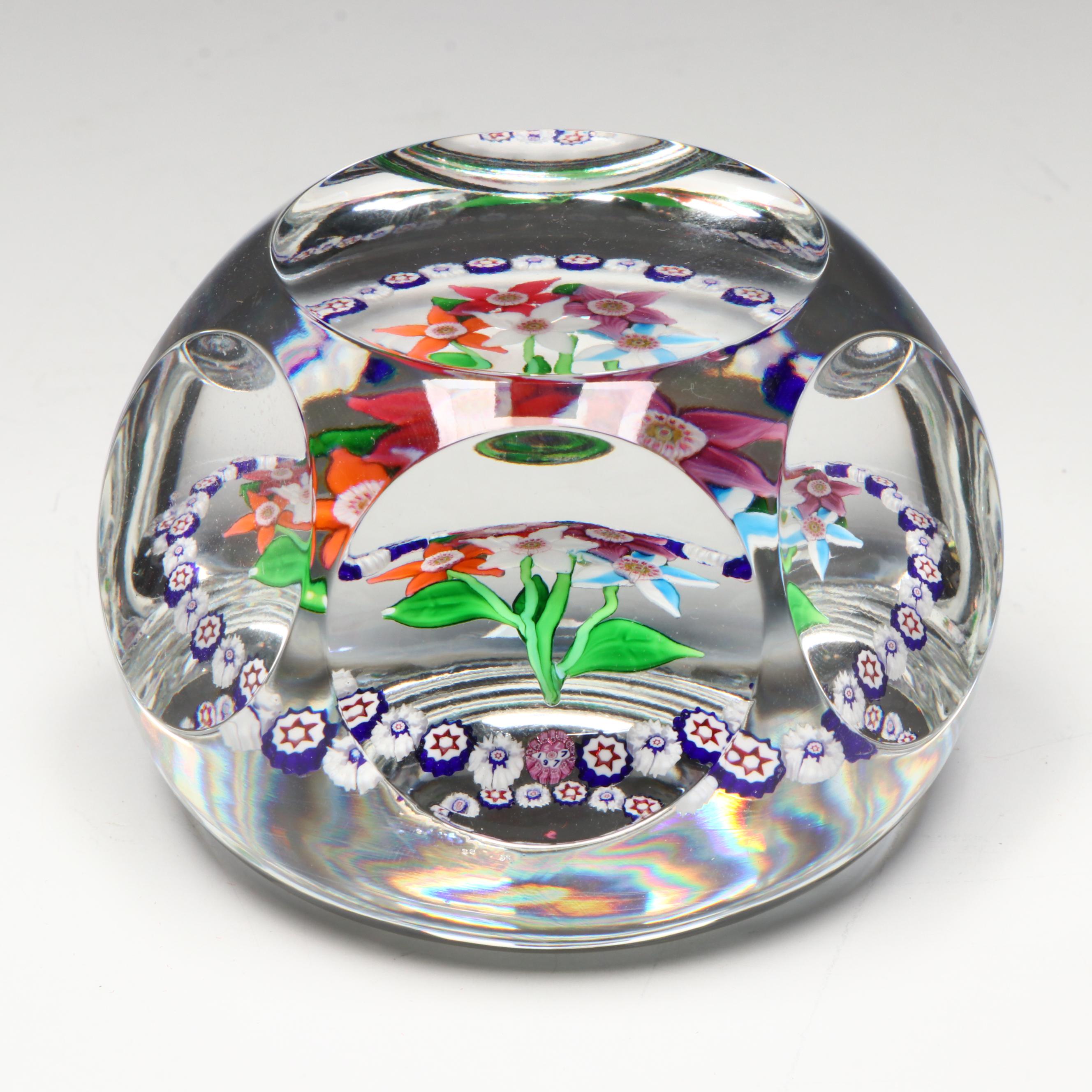 Saint-Louis Five Flower with Millefiori Art Glass Paperweight, 1977