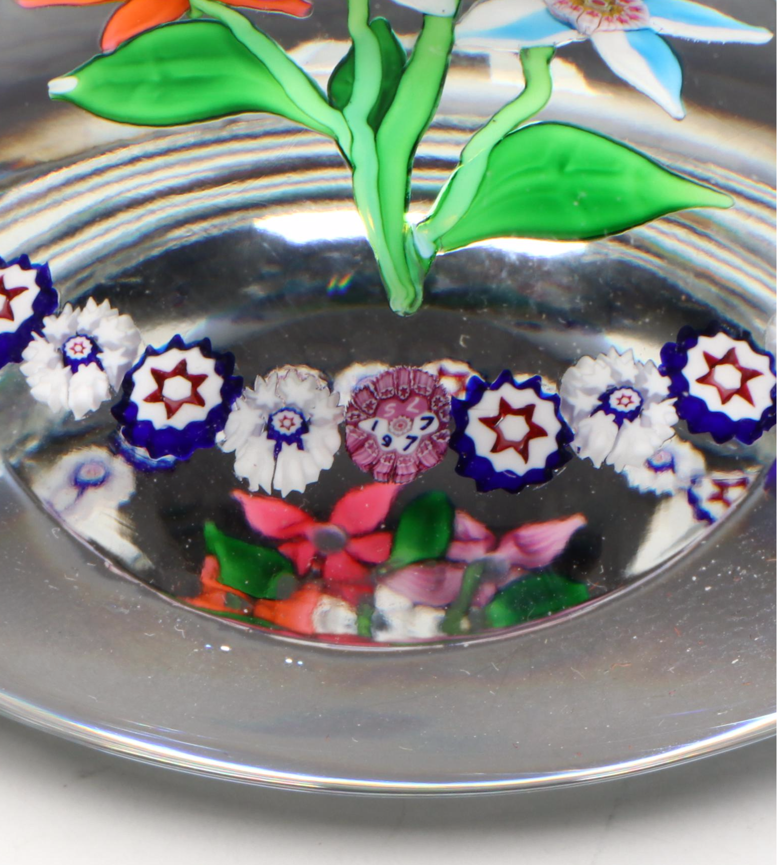 Saint-Louis Five Flower with Millefiori Art Glass Paperweight, 1977