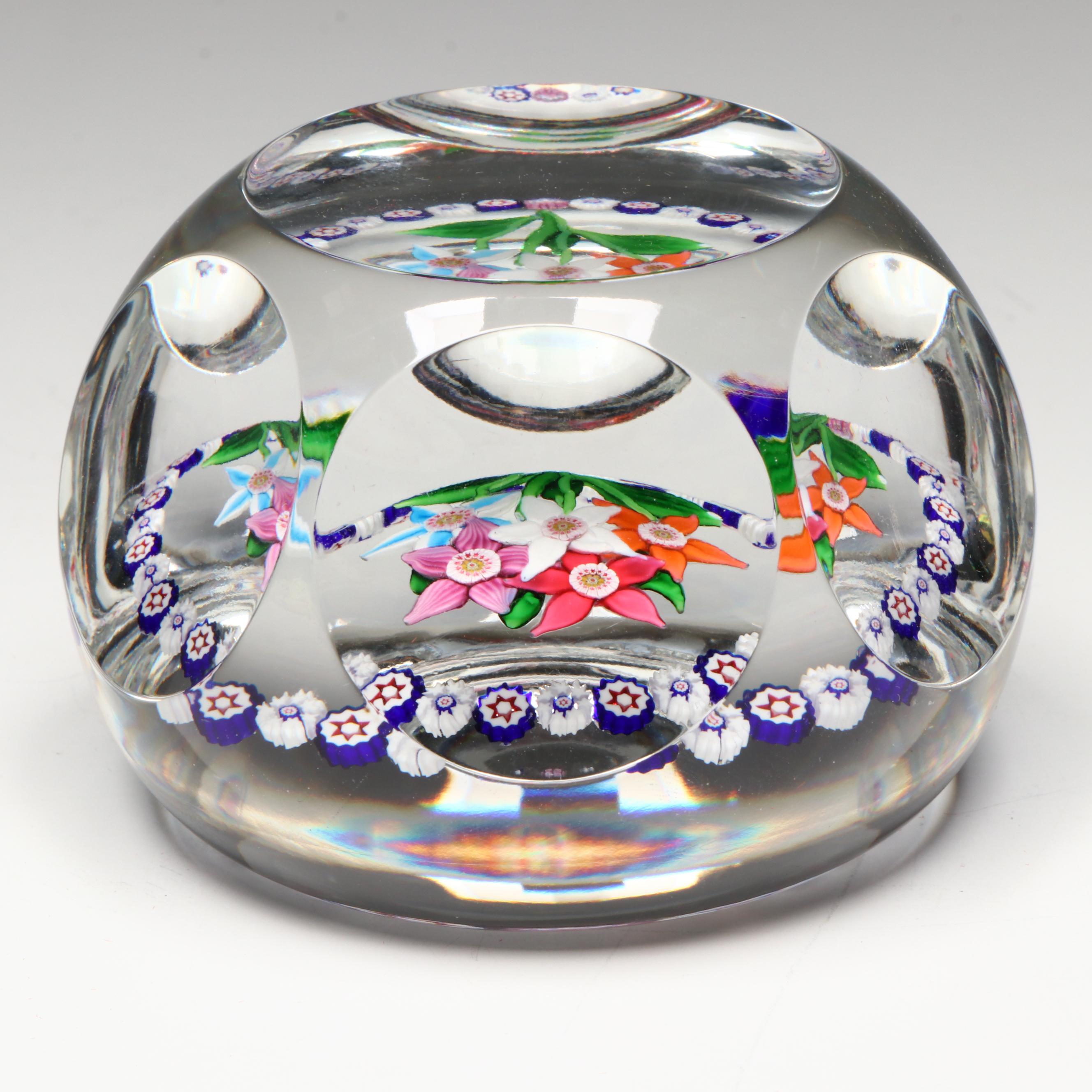 Saint-Louis Five Flower with Millefiori Art Glass Paperweight, 1977