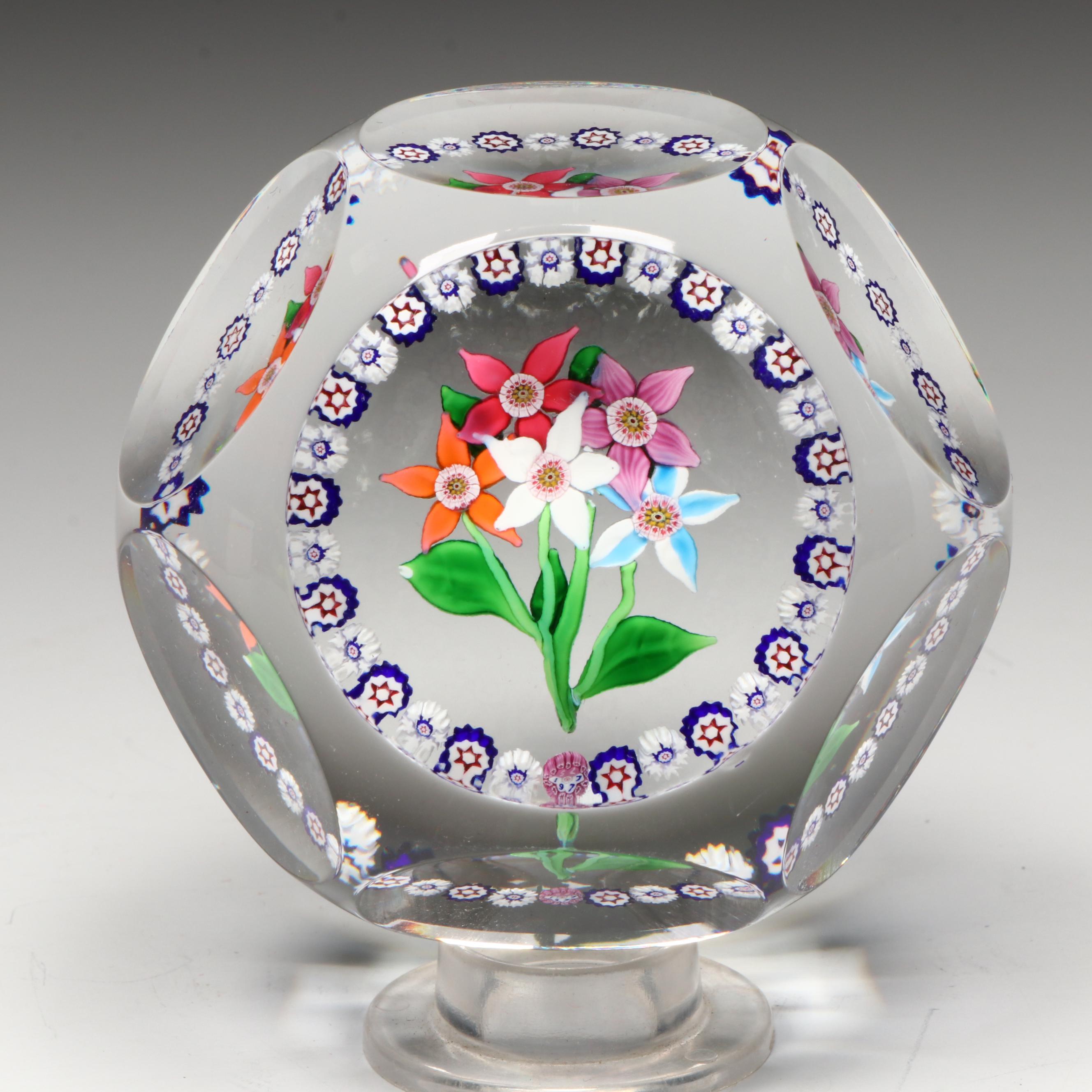 Saint-Louis Five Flower with Millefiori Art Glass Paperweight, 1977