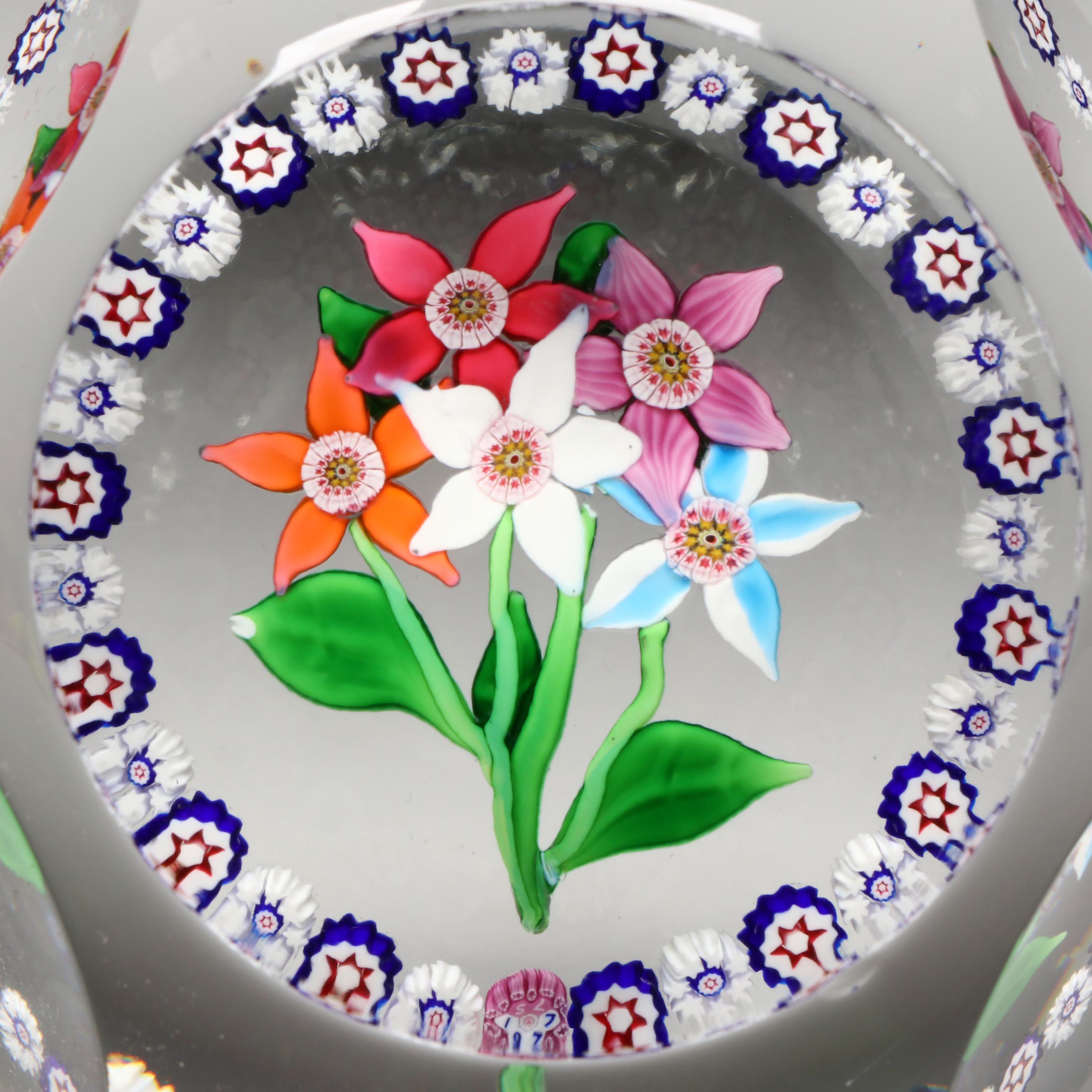 Saint-Louis Five Flower with Millefiori Art Glass Paperweight, 1977