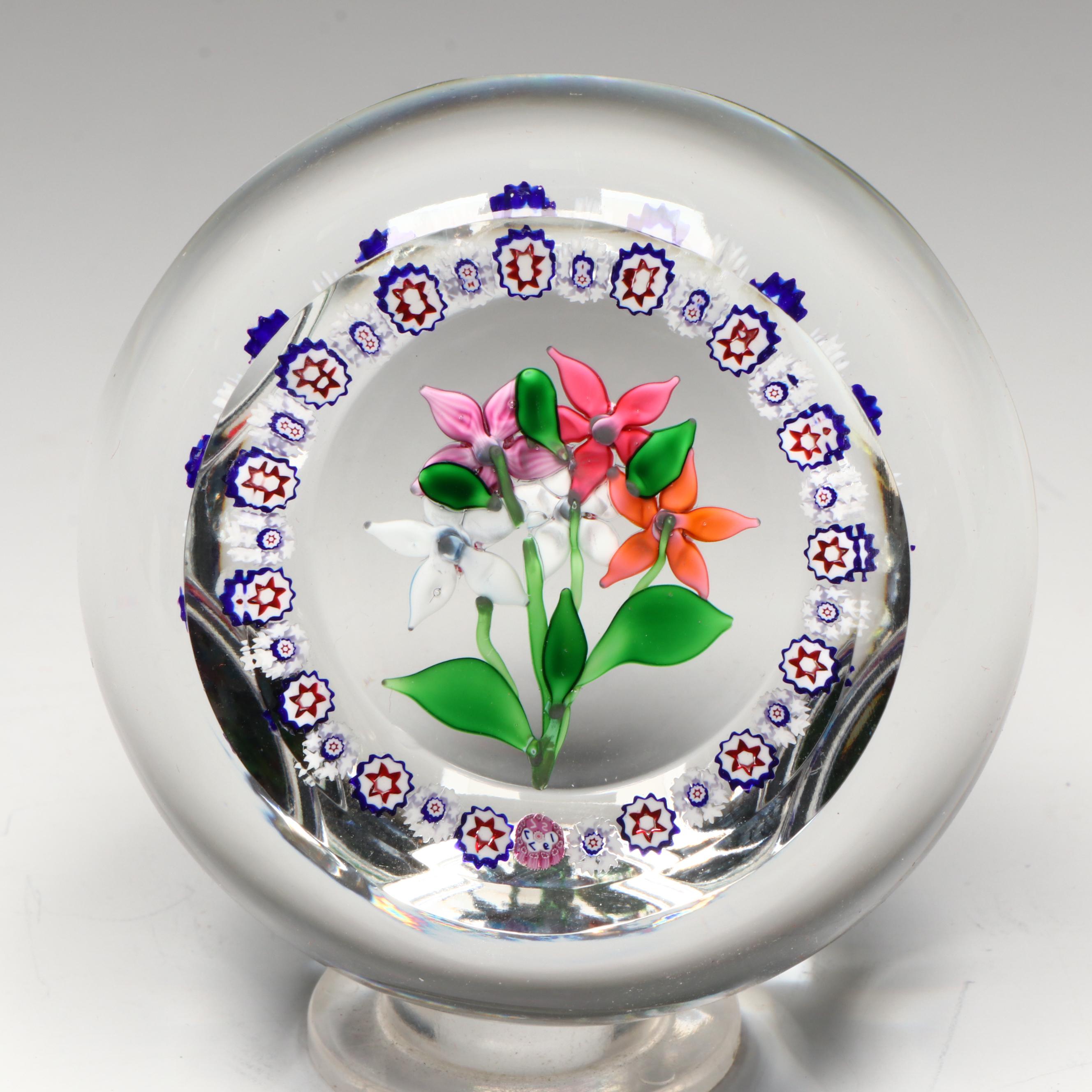Saint-Louis Five Flower with Millefiori Art Glass Paperweight, 1977