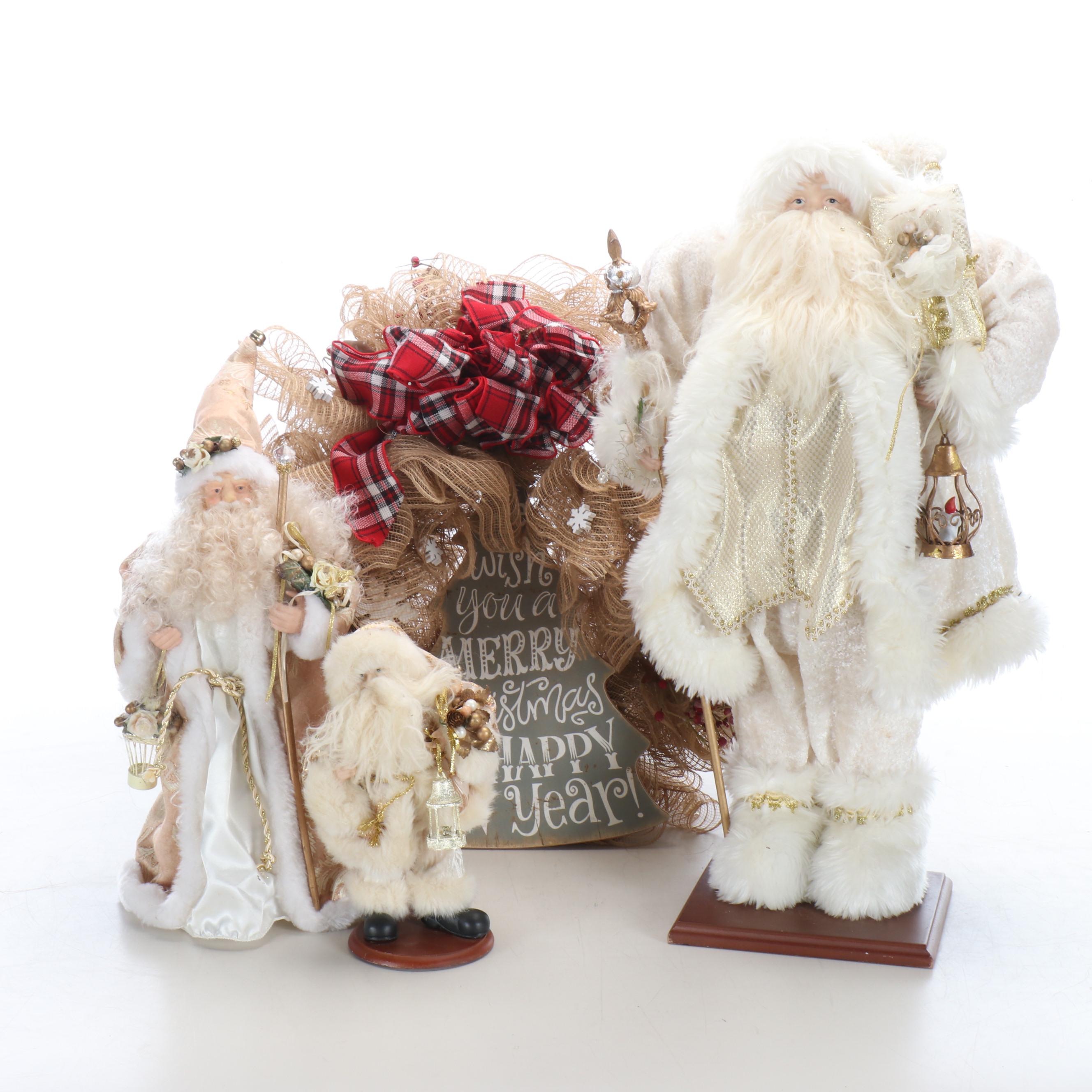 White and Gold Santa Figures and Tree Topper with Rustic Wreath