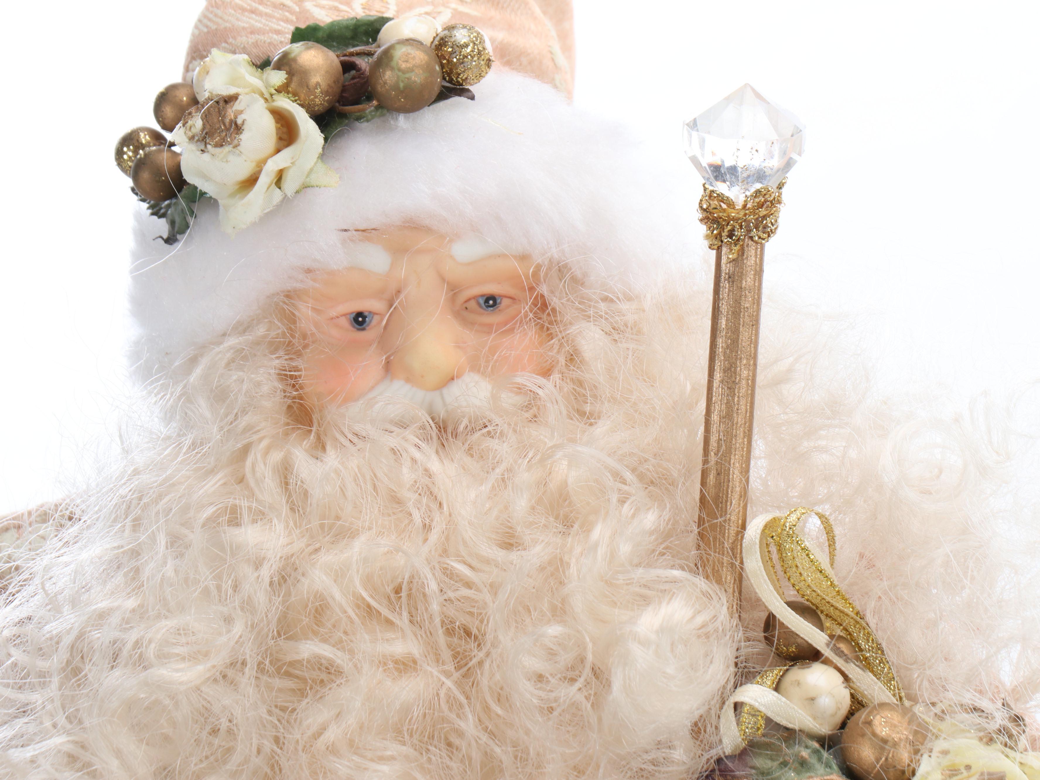 White and Gold Santa Figures and Tree Topper with Rustic Wreath