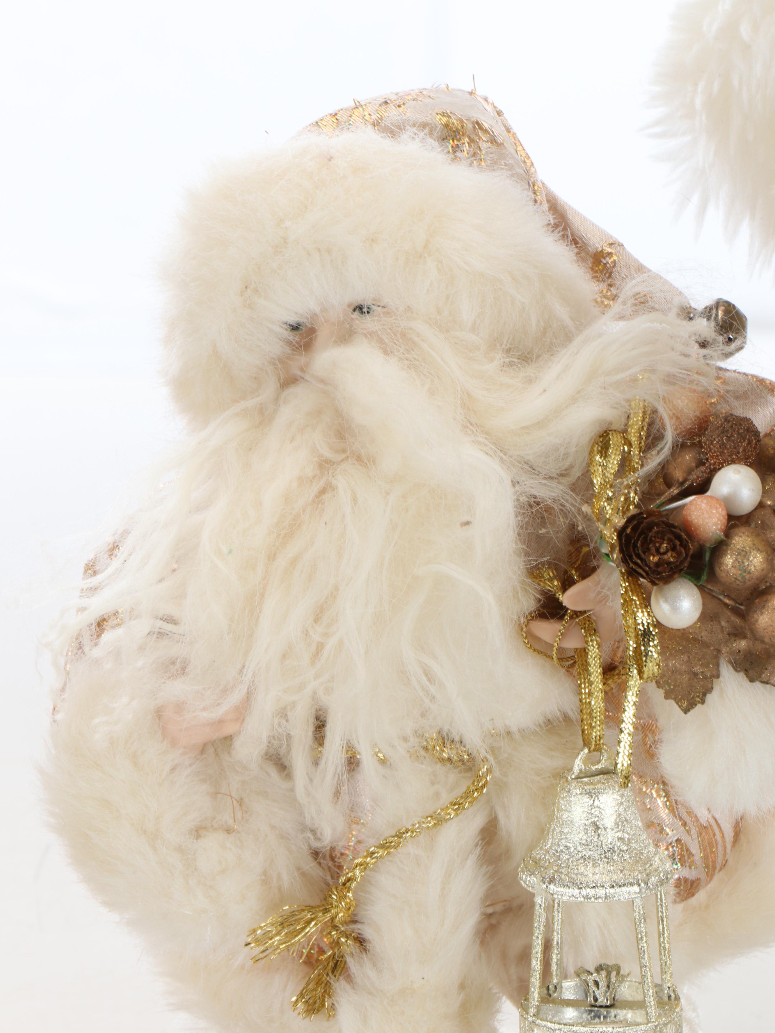 White and Gold Santa Figures and Tree Topper with Rustic Wreath
