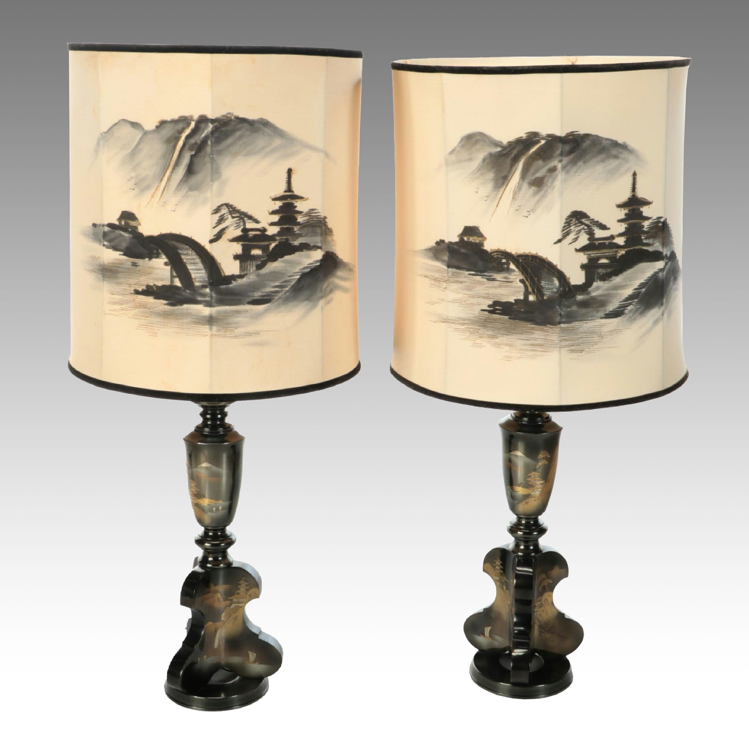 Pair of Damascene Table Lamps with Asian Genre Scene Painted Drum Shades