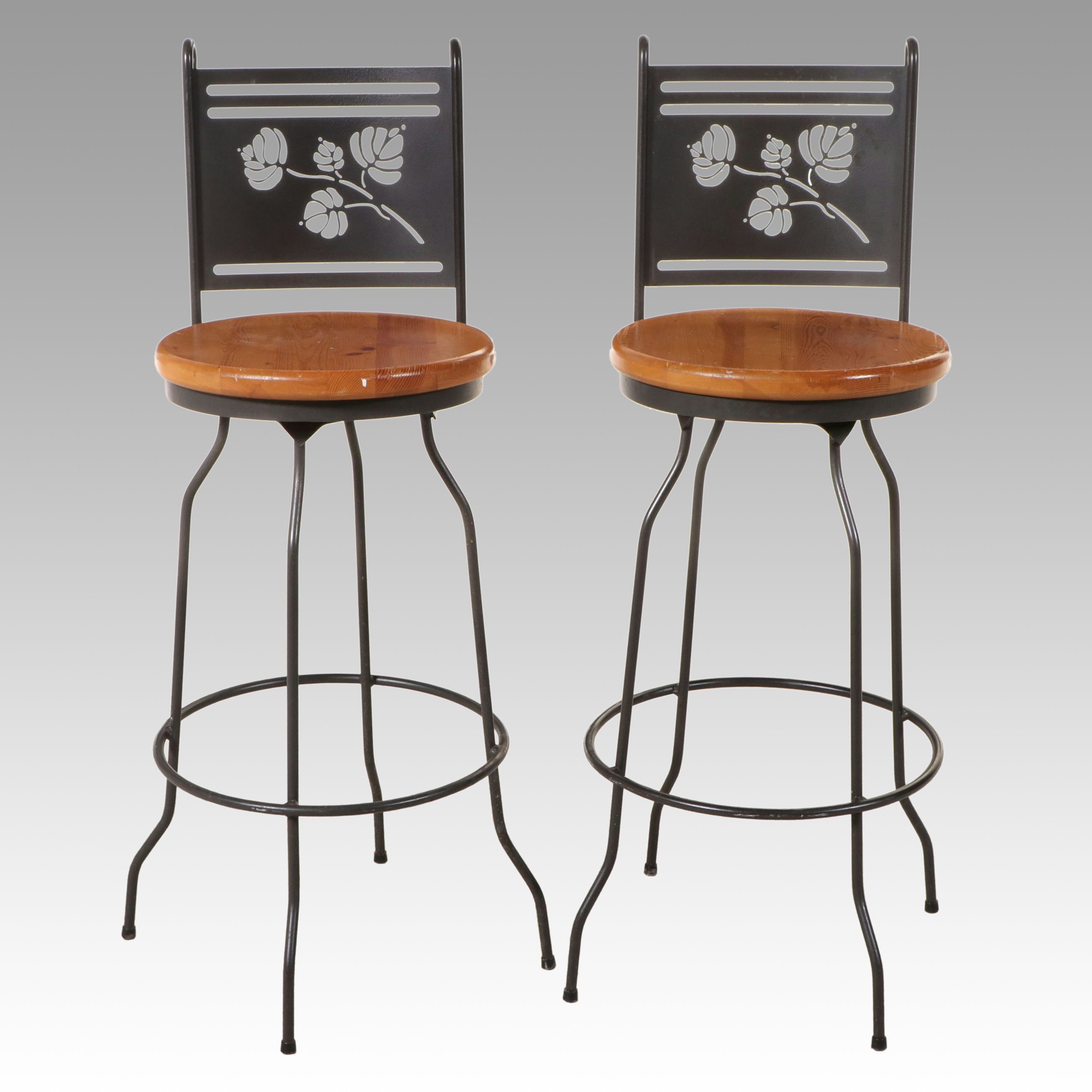 Pair of Wrought Iron Swivel Barstools with Pine Seats