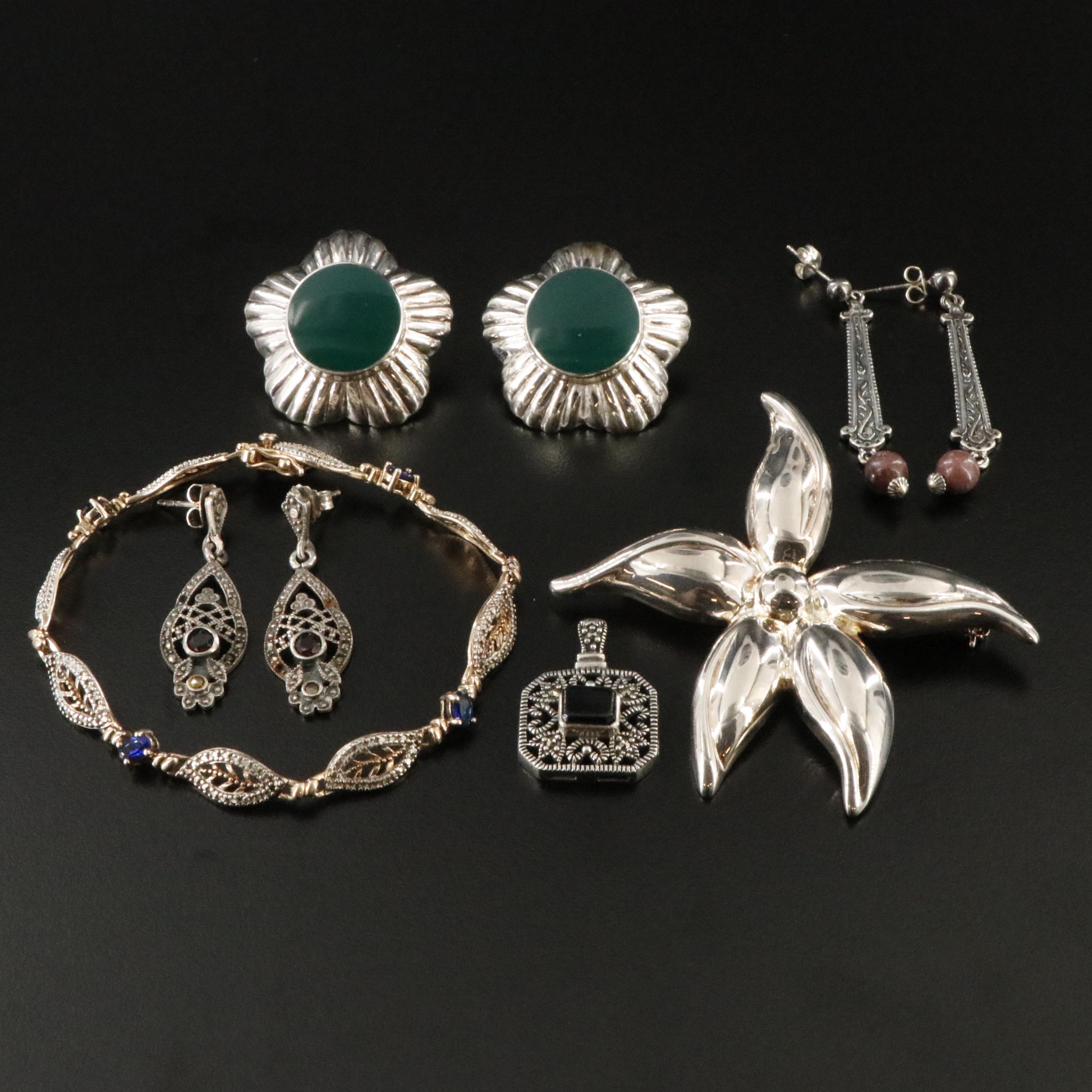 Sterling Jewelry Collection Including Chalcedony, Rhodonite and Garnet