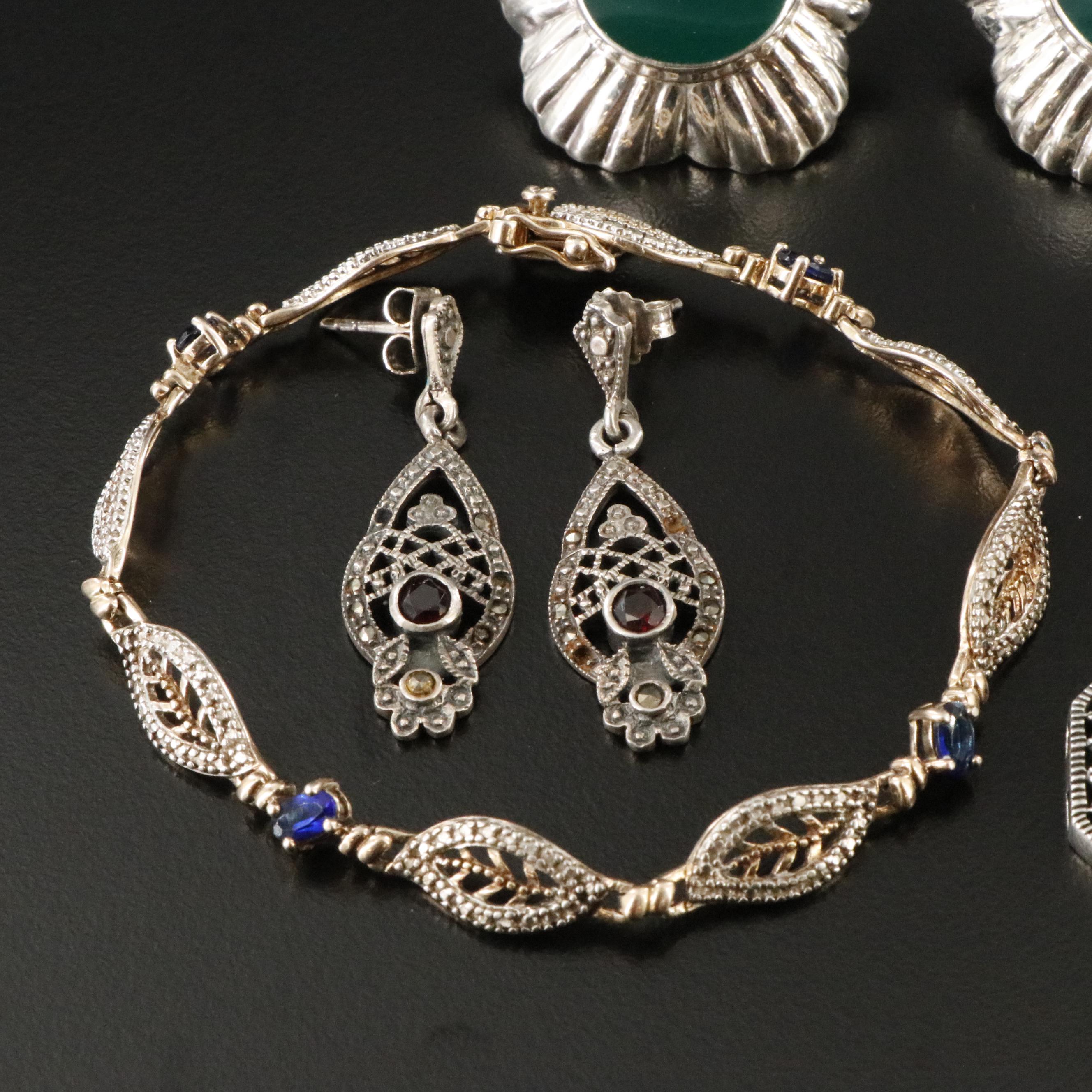 Sterling Jewelry Collection Including Chalcedony, Rhodonite and Garnet