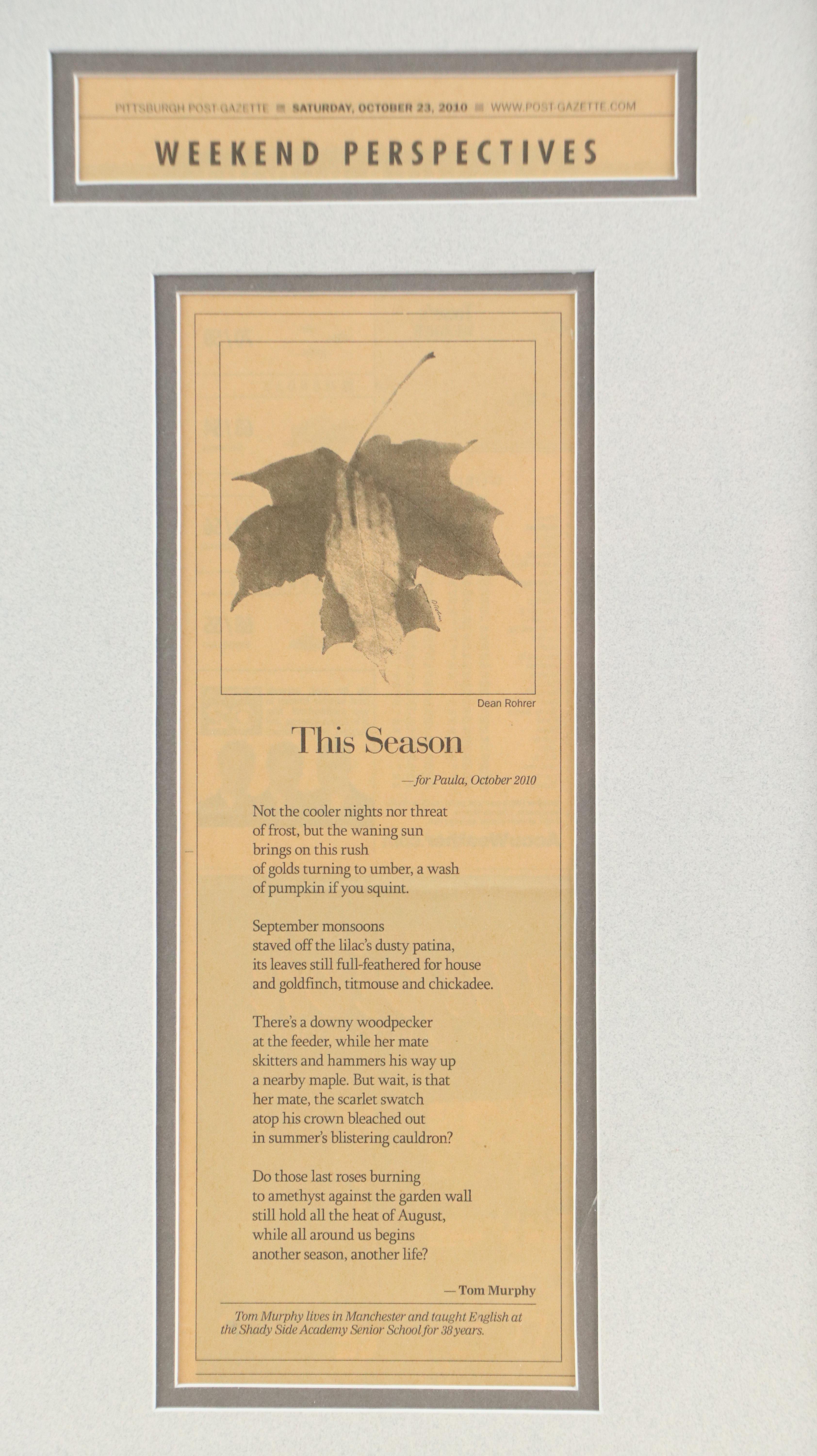 Pittsburgh Post-Gazette Framed "This Season" Poem by Tom Murphy