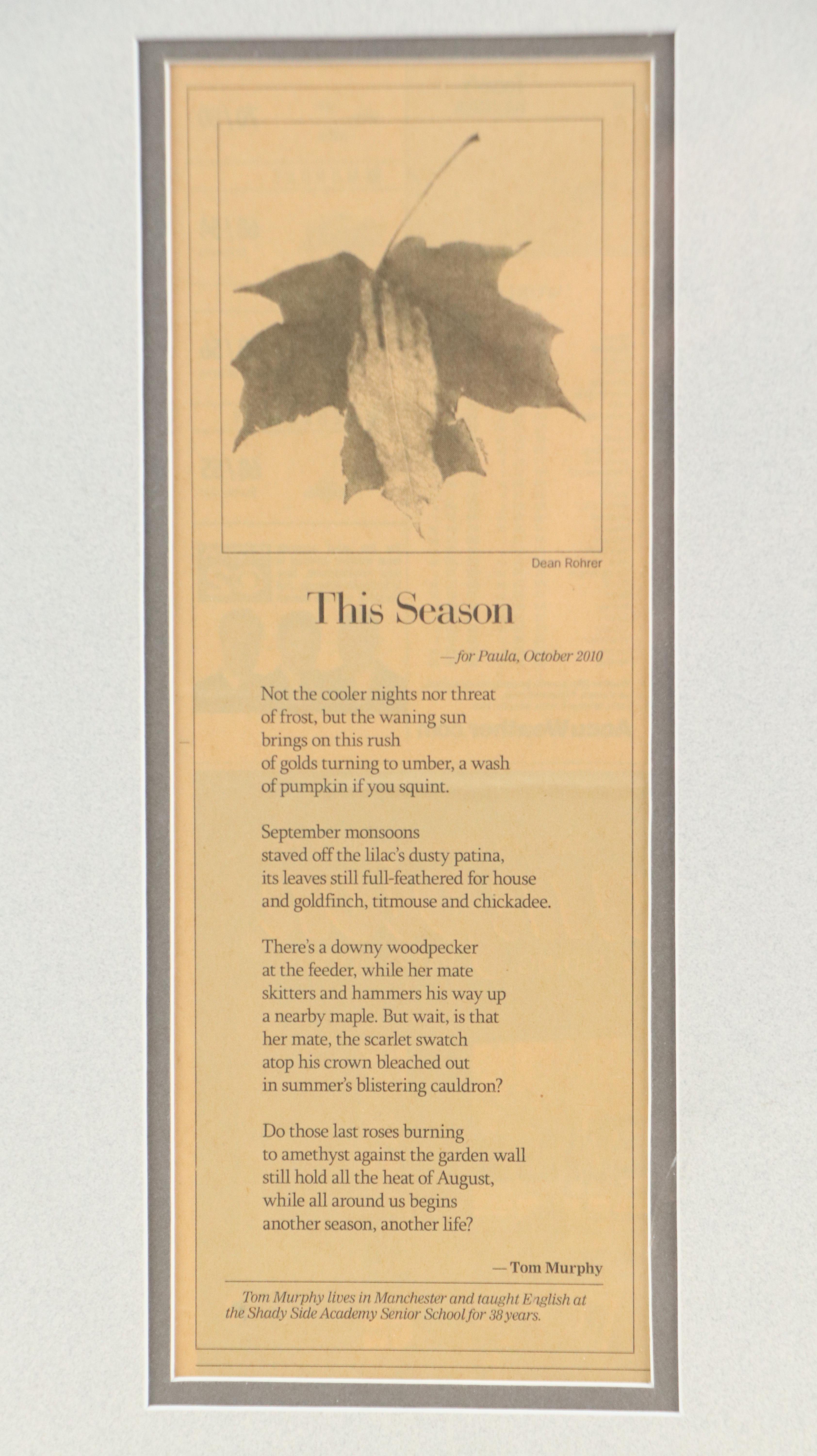 Pittsburgh Post-Gazette Framed "This Season" Poem by Tom Murphy