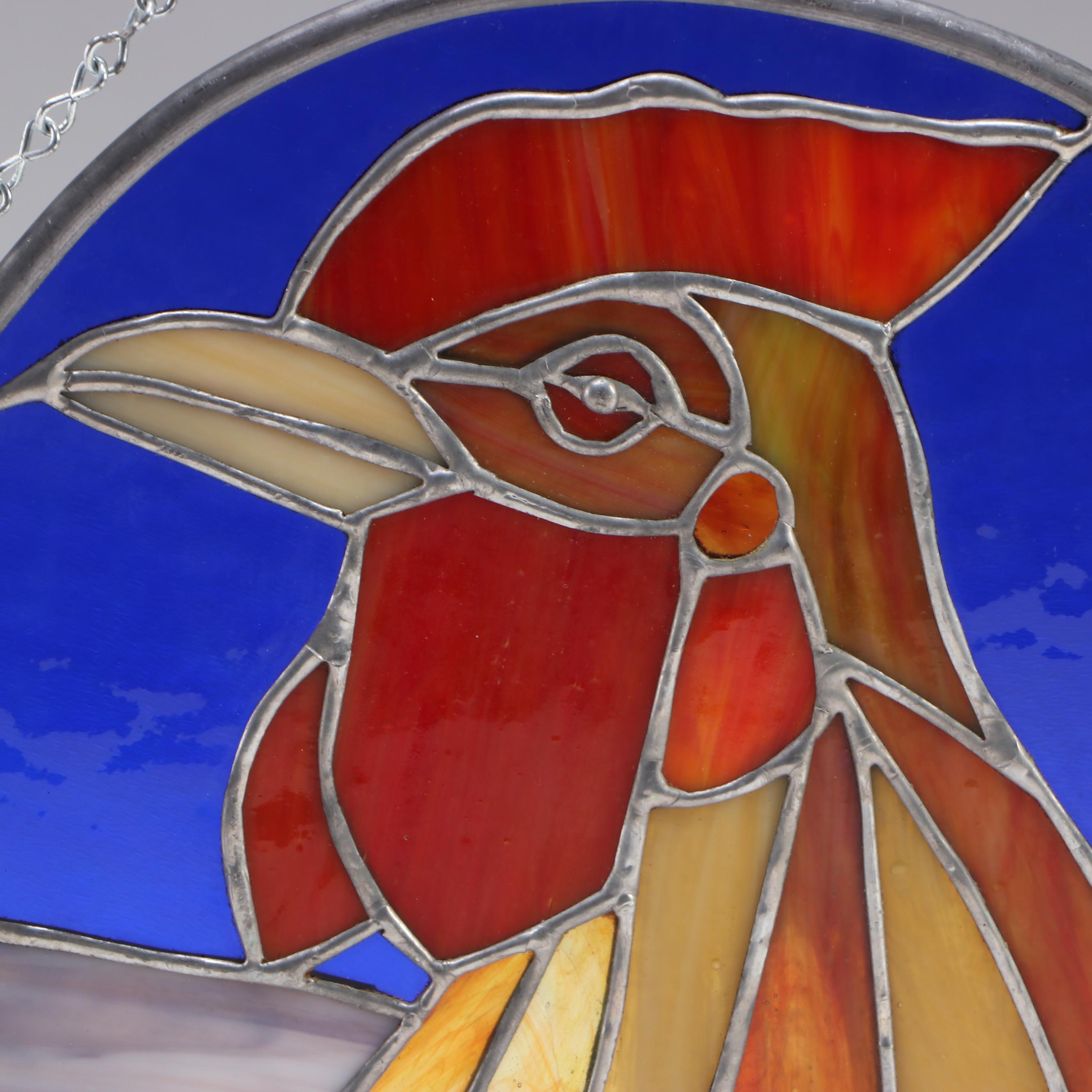 Rooster Slag Glass Round Suncatcher Signed by the Artist, 1990