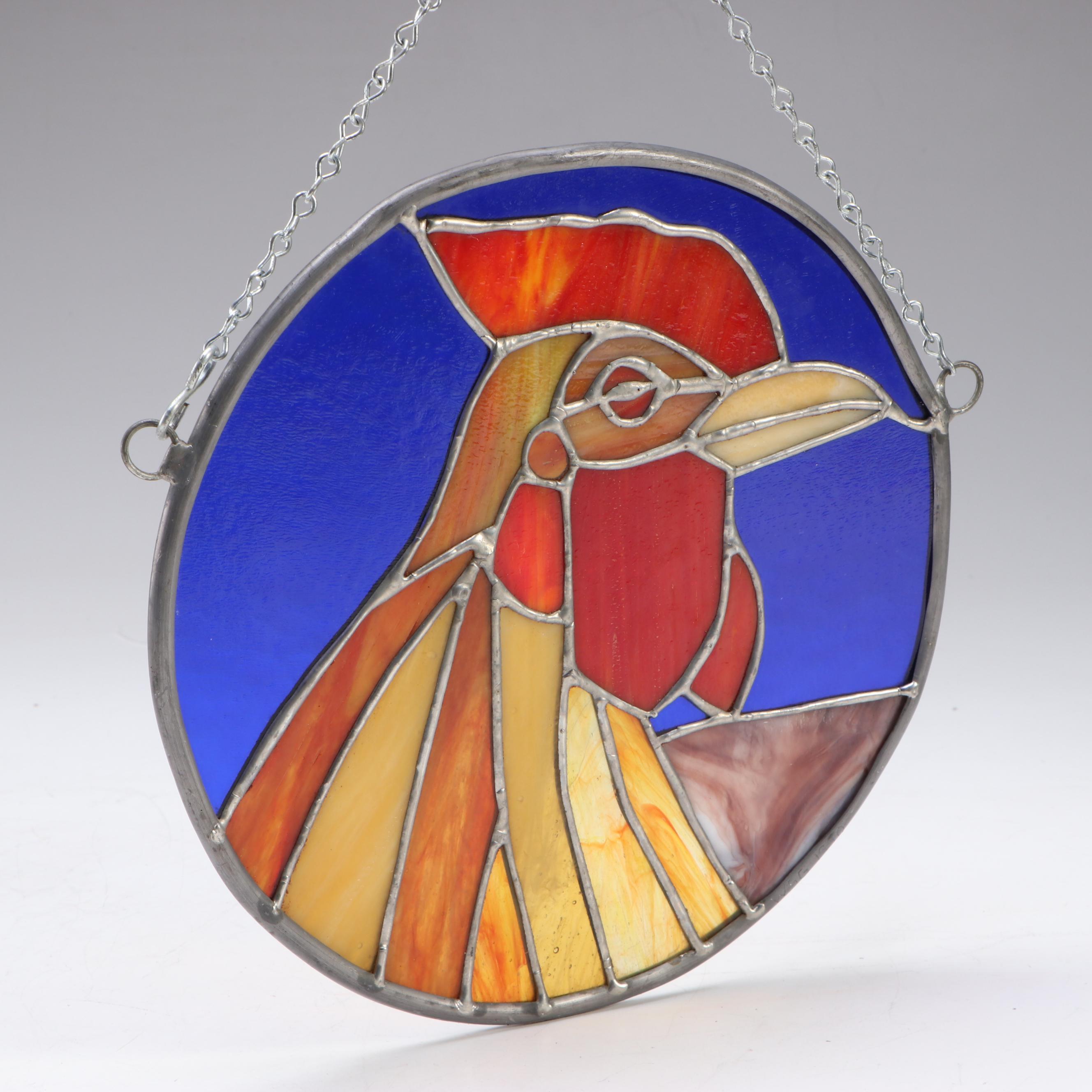 Rooster Slag Glass Round Suncatcher Signed by the Artist, 1990