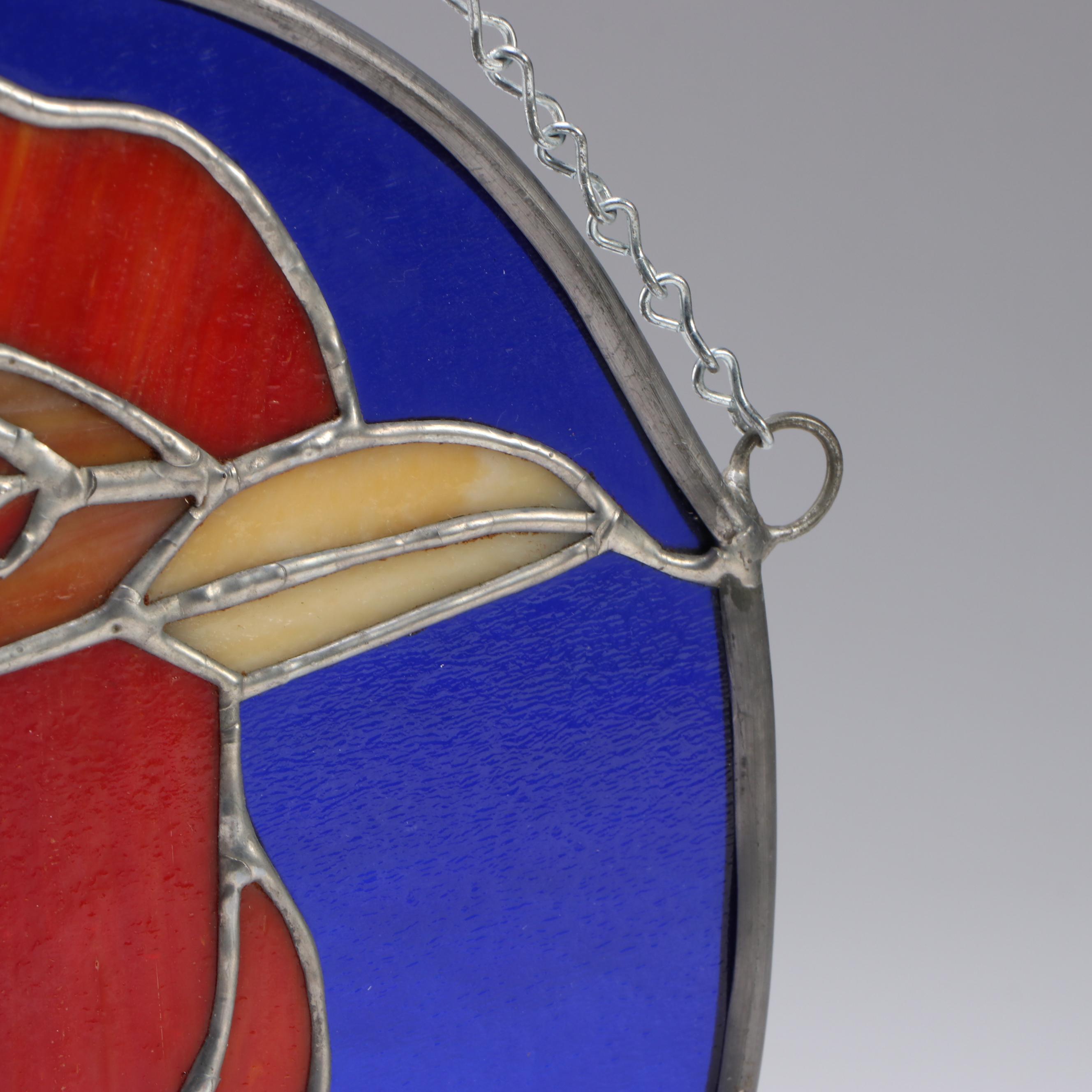 Rooster Slag Glass Round Suncatcher Signed by the Artist, 1990