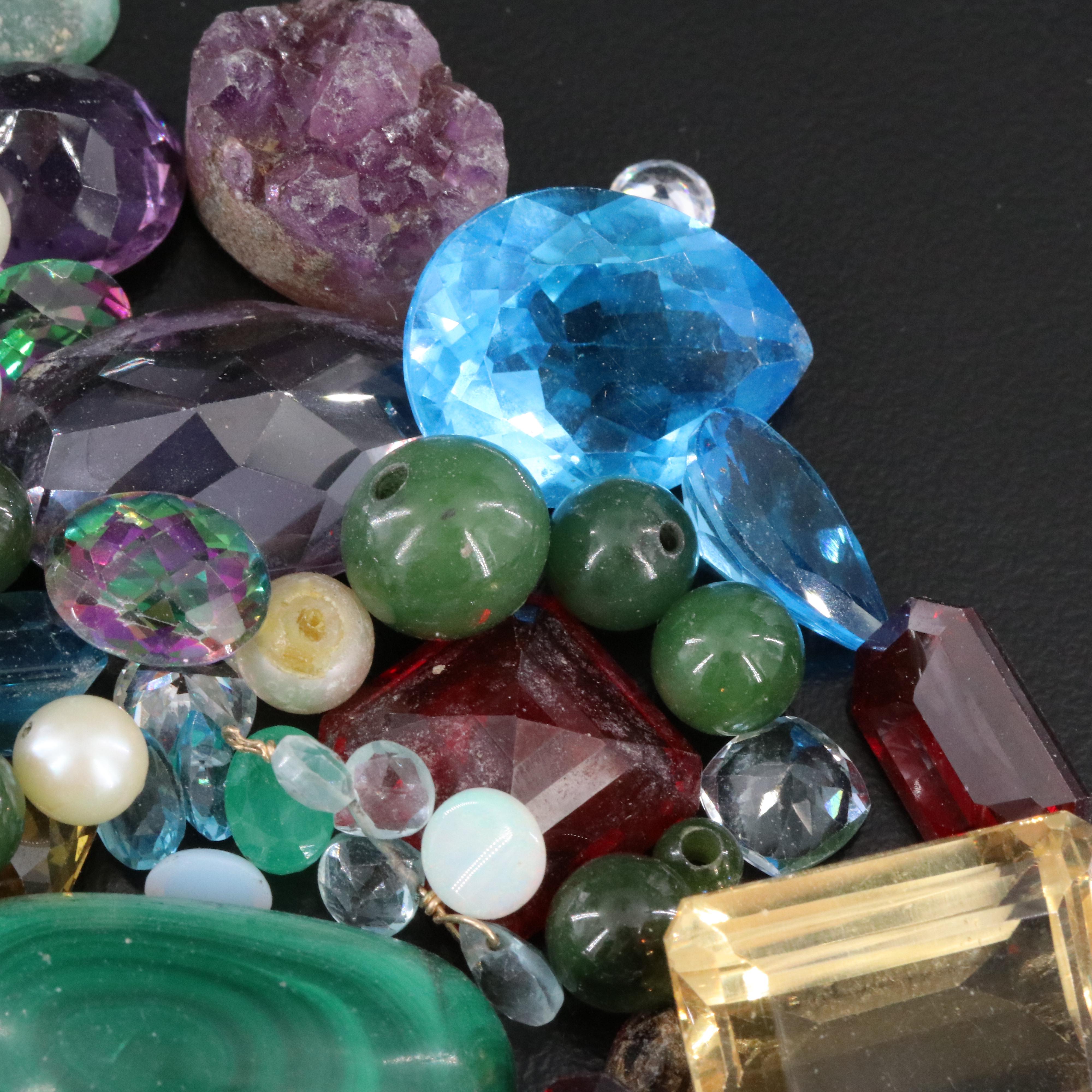 Loose Gemstone Lot Including Coral, Malachite and Amethyst