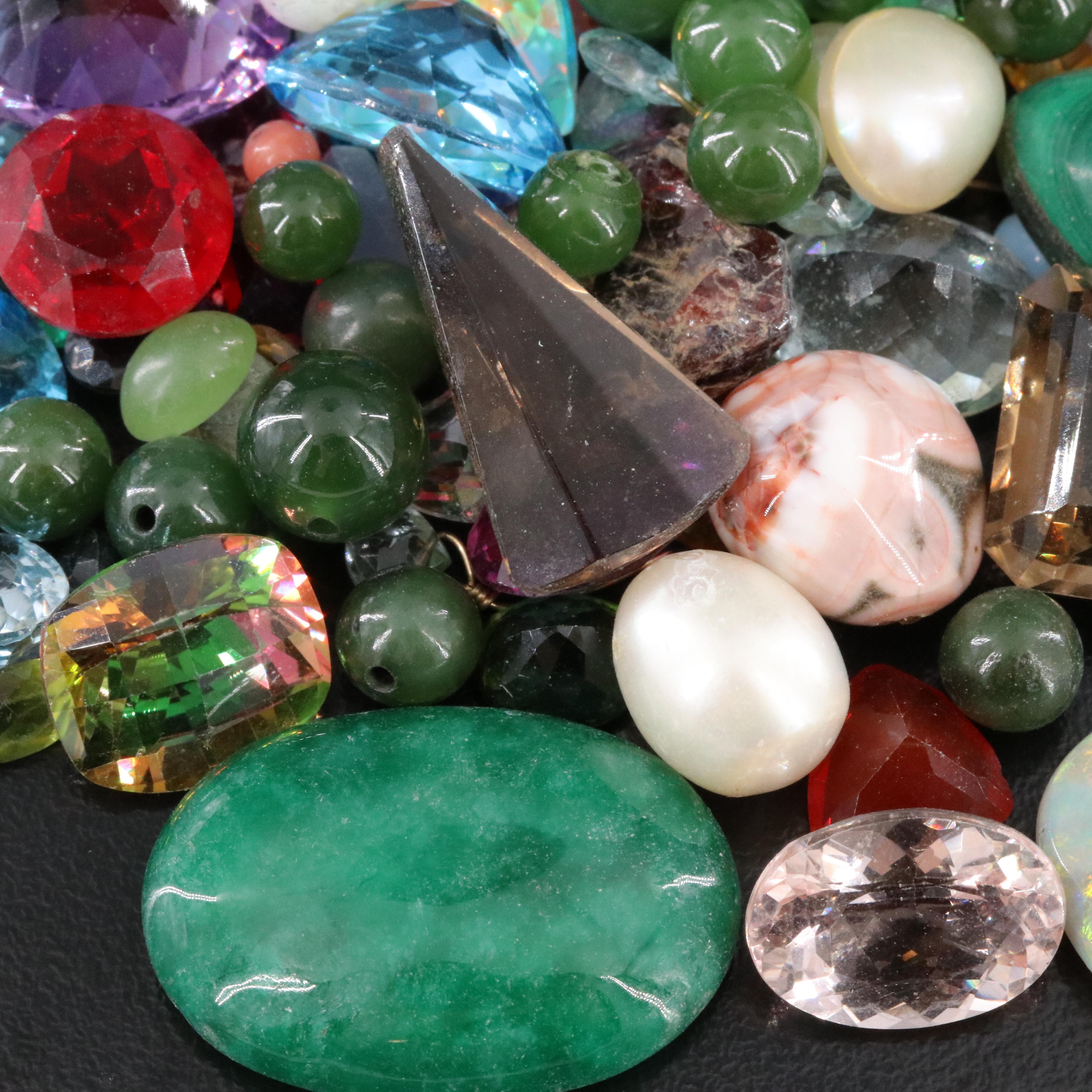 Loose Gemstone Lot Including Coral, Malachite and Amethyst