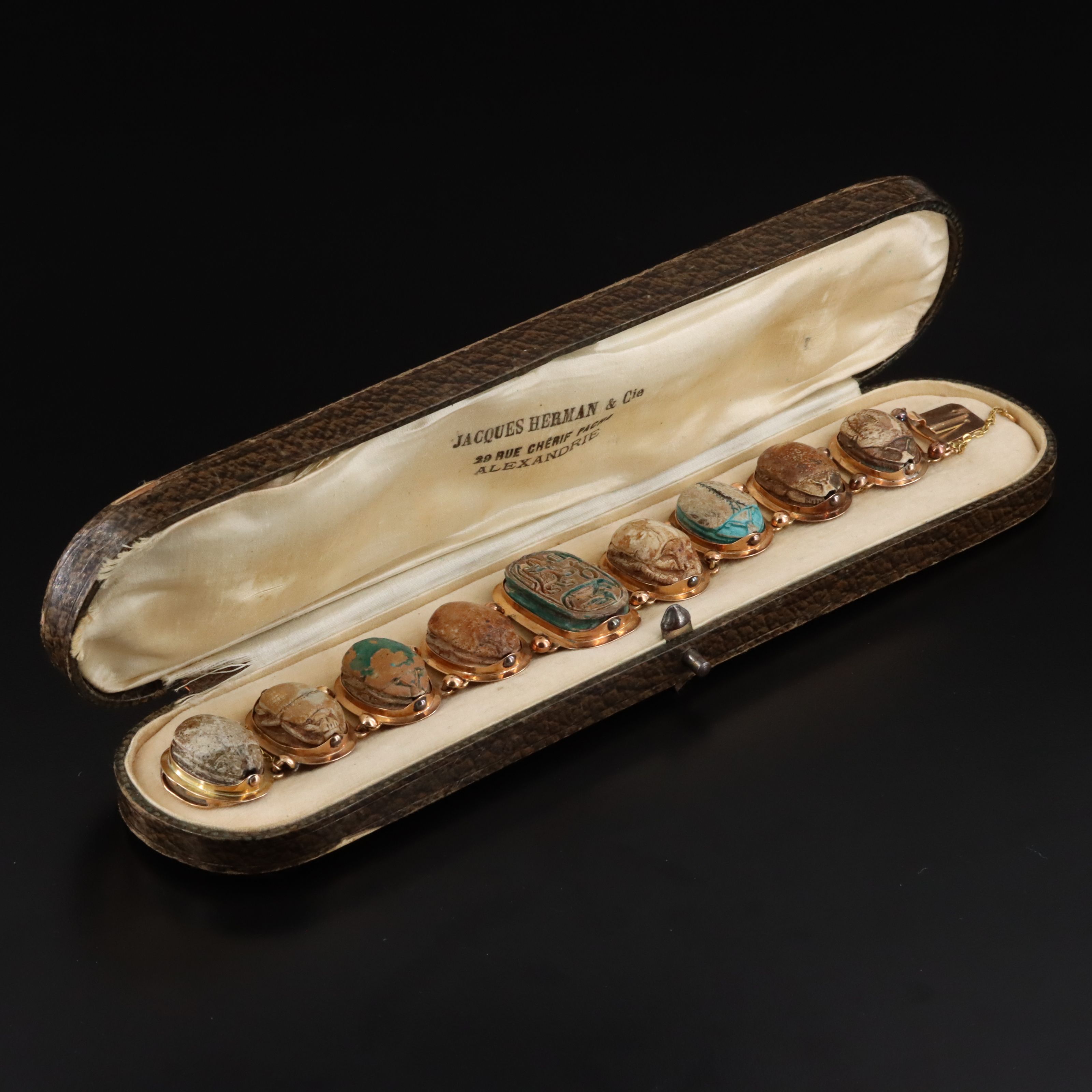 Antique Egyptian Revival 14K Faience Scarab Bracelet