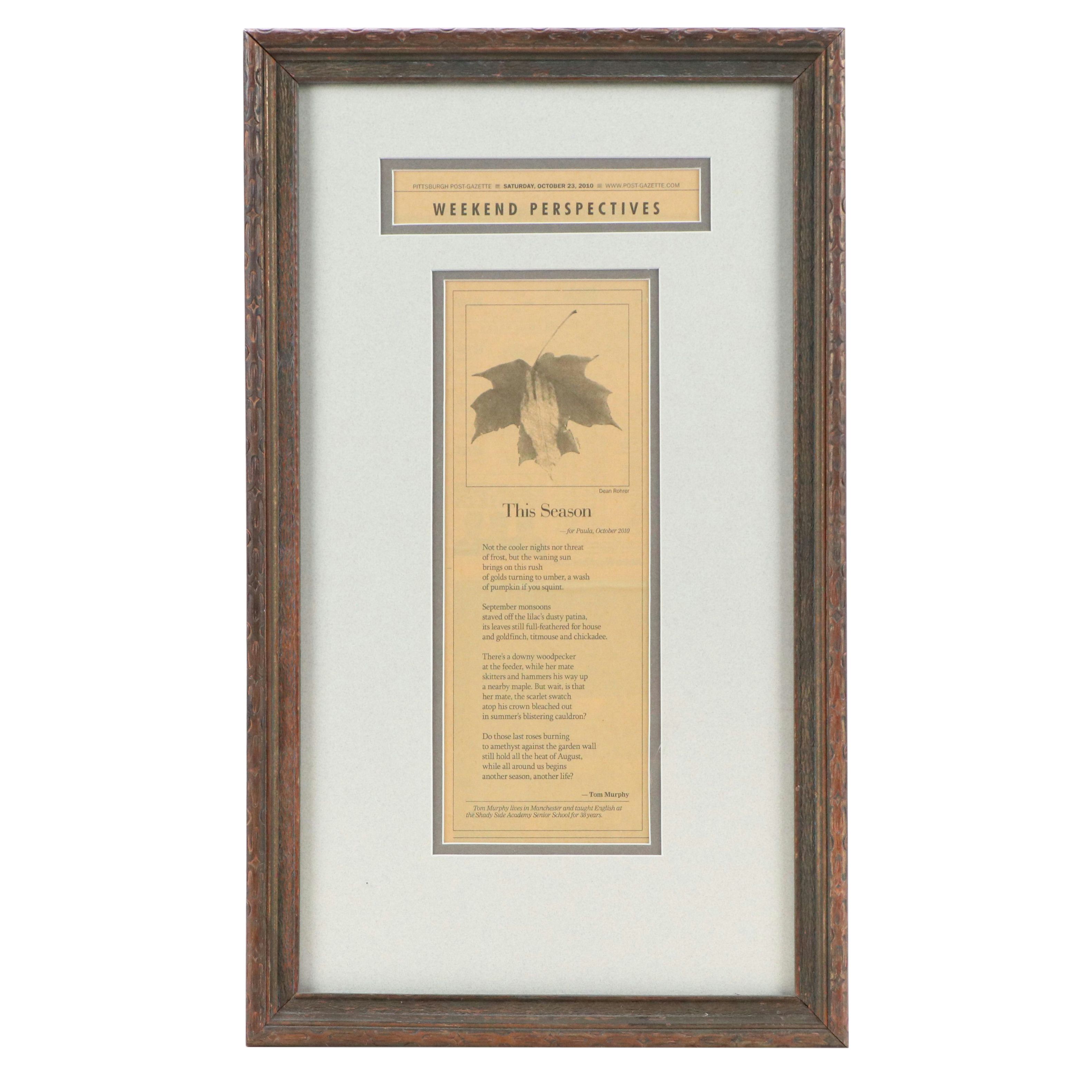 Pittsburgh Post-Gazette Framed "This Season" Poem by Tom Murphy
